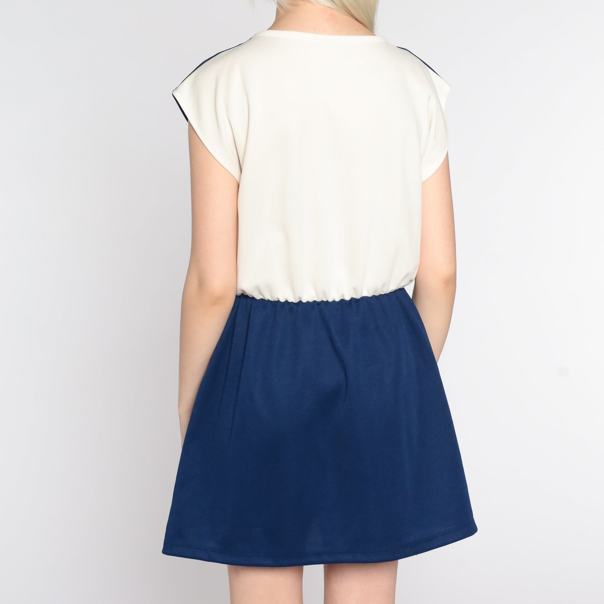 70s Striped Mini Dress White Blue Burgundy Cap Sleeve High Waist Medium