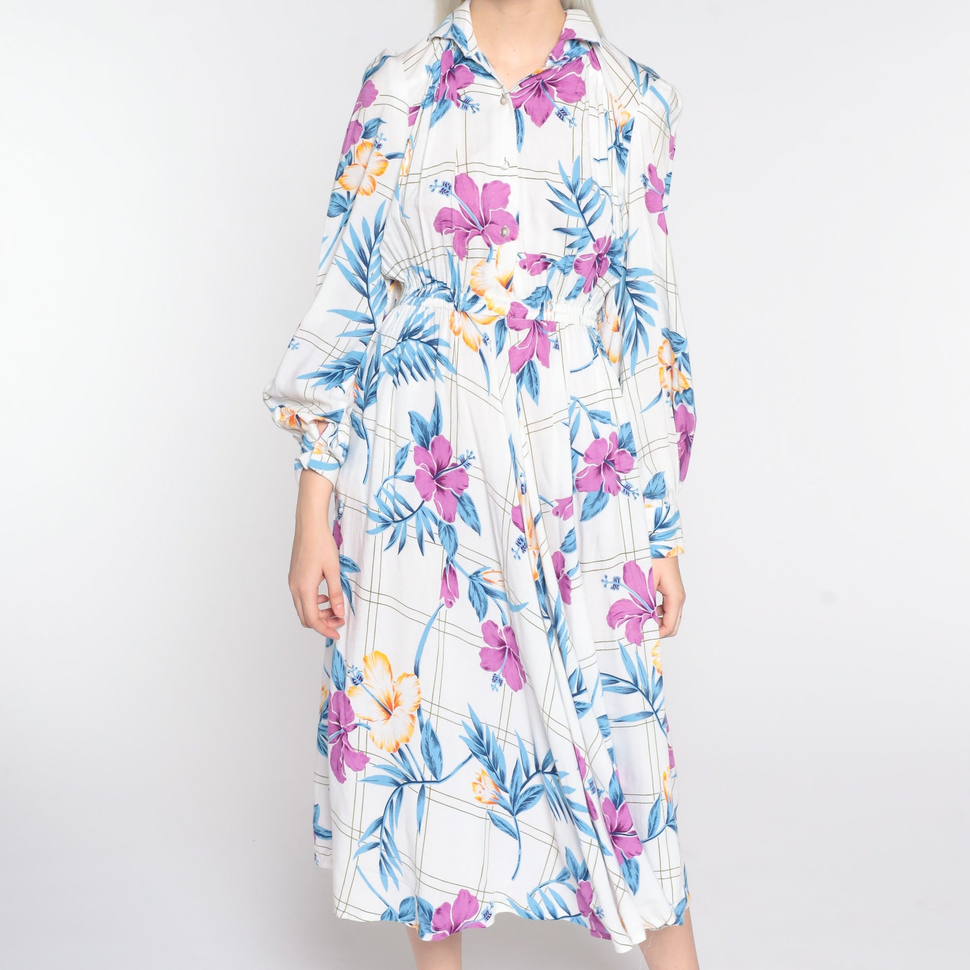 80s White Floral Midi Shirtdress High Waist Long Sleeve Button Up Small Medium