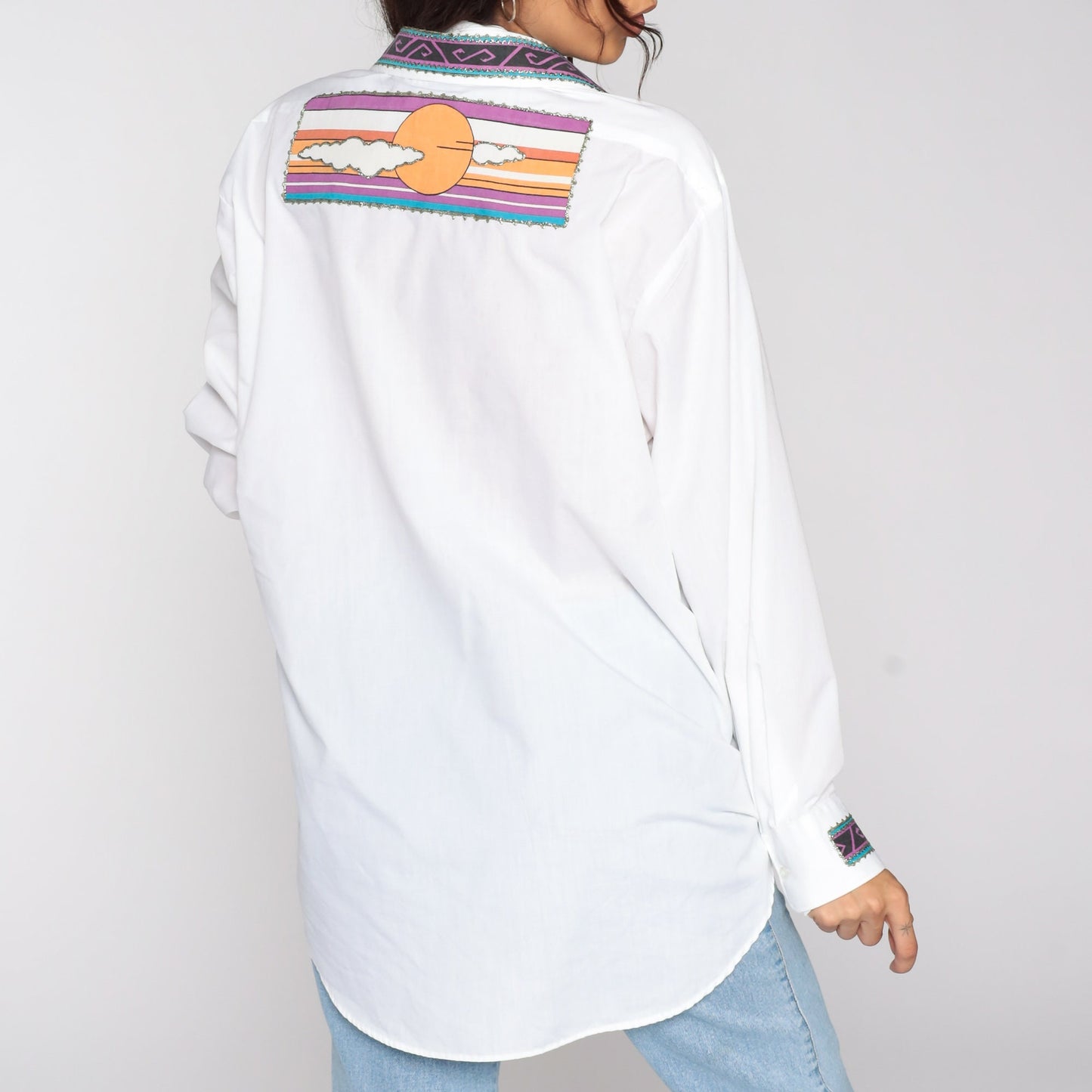 90s Southwestern Print Button Up Shirt White Gold Glitter Large