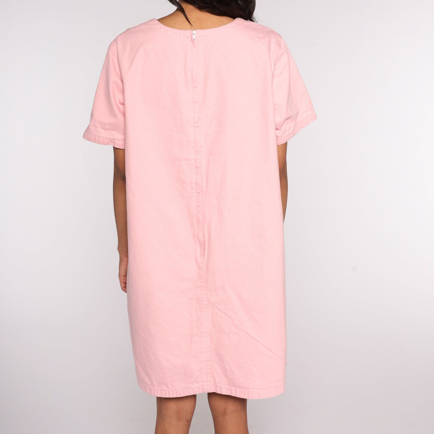 90s Baby Pink Shift Dress Cotton Pocket Mini Extra Large XL
