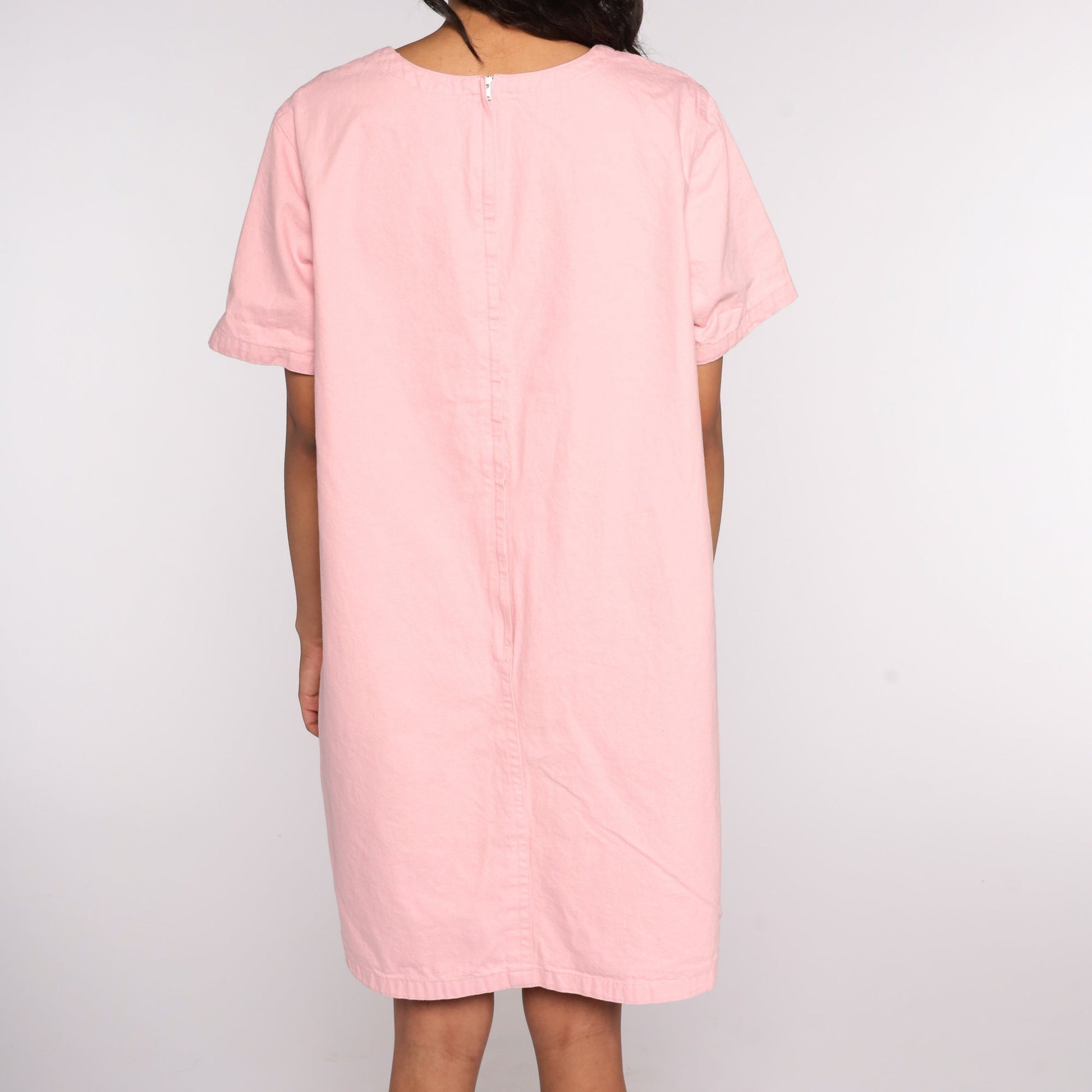 90s Baby Pink Shift Dress Cotton Pocket Mini Extra Large XL