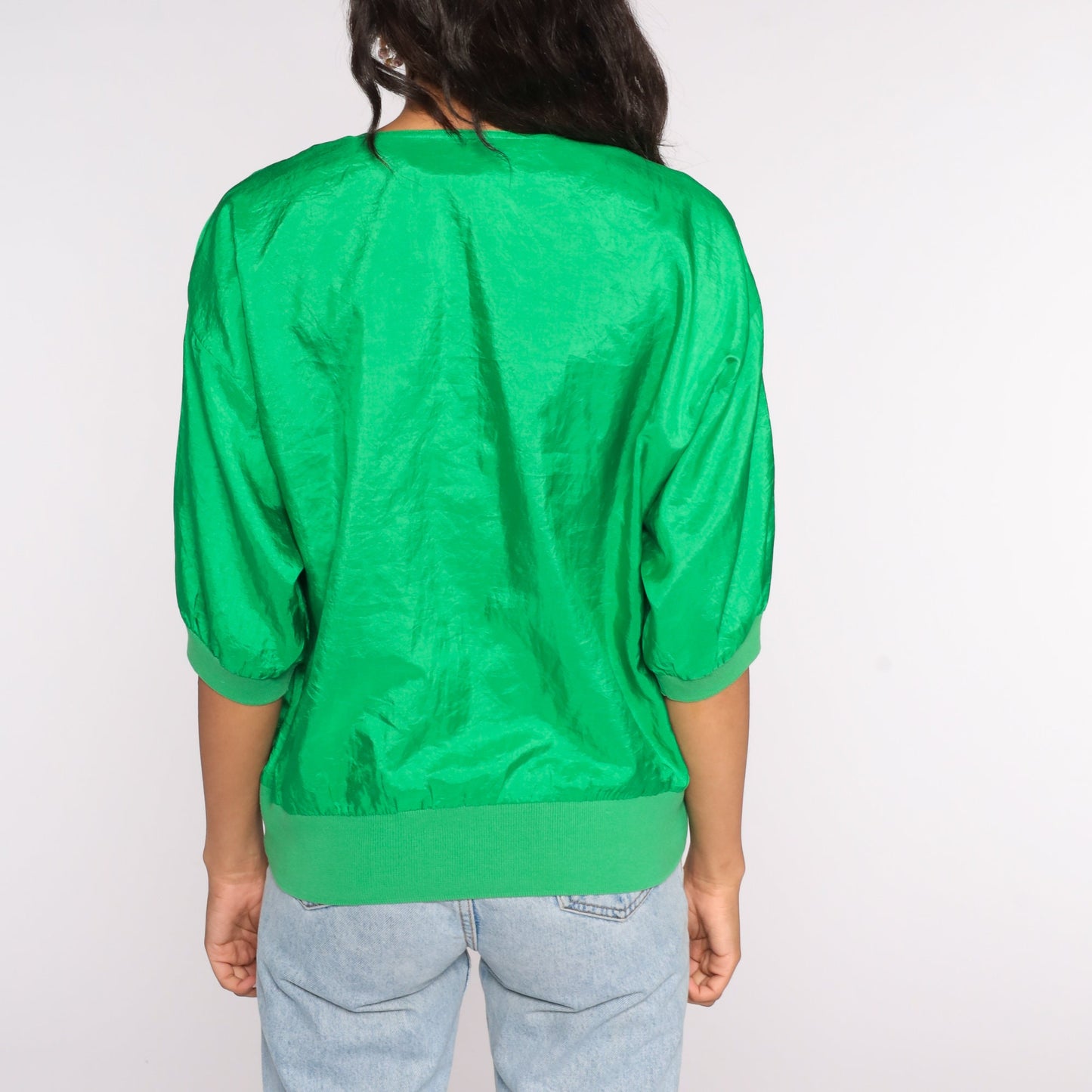 80s Shiny Green Button Neck Blouse Short Sleeve Large