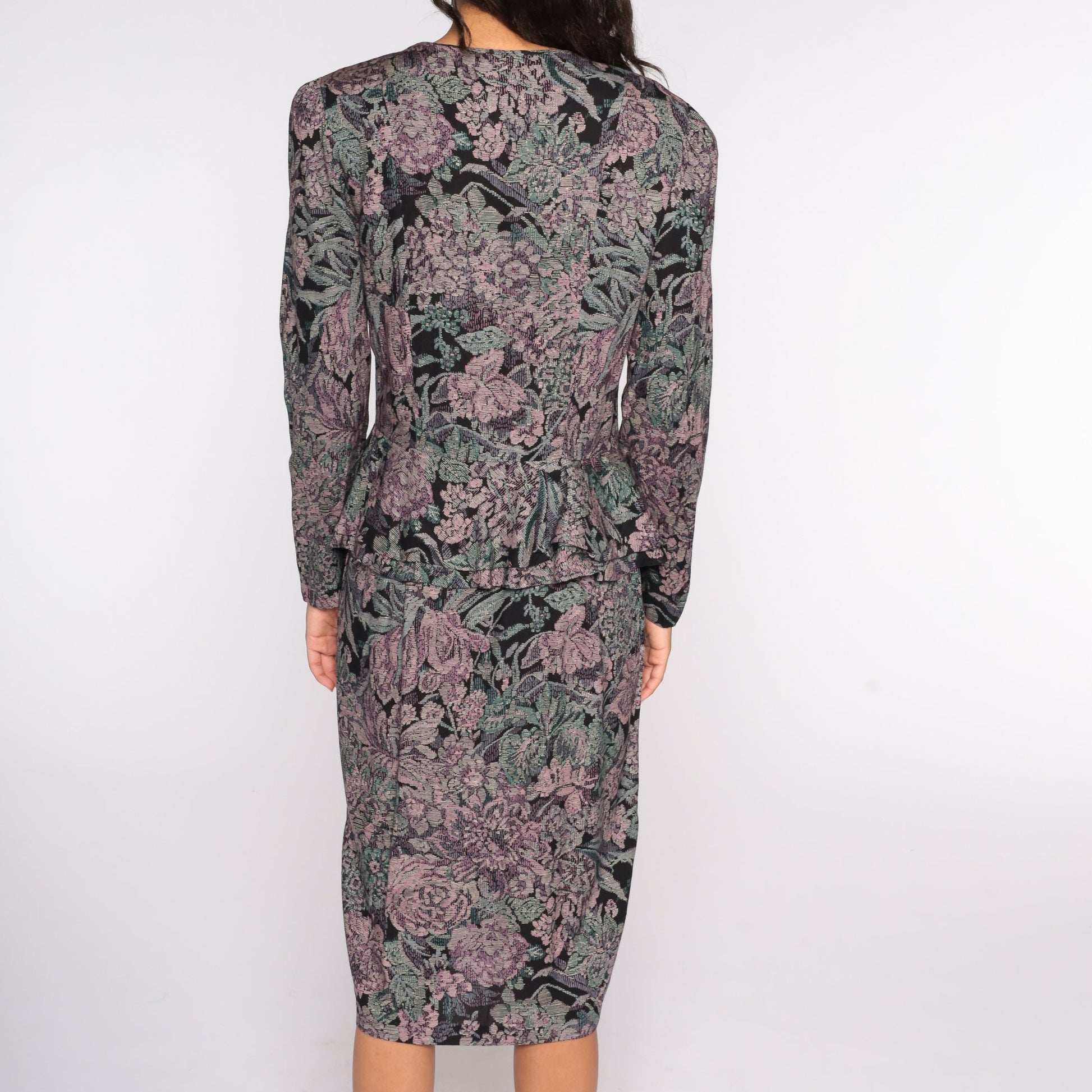 80s Floral Tapestry Midi Dress Puff Sleeve Button-Up Black Purple Medium
