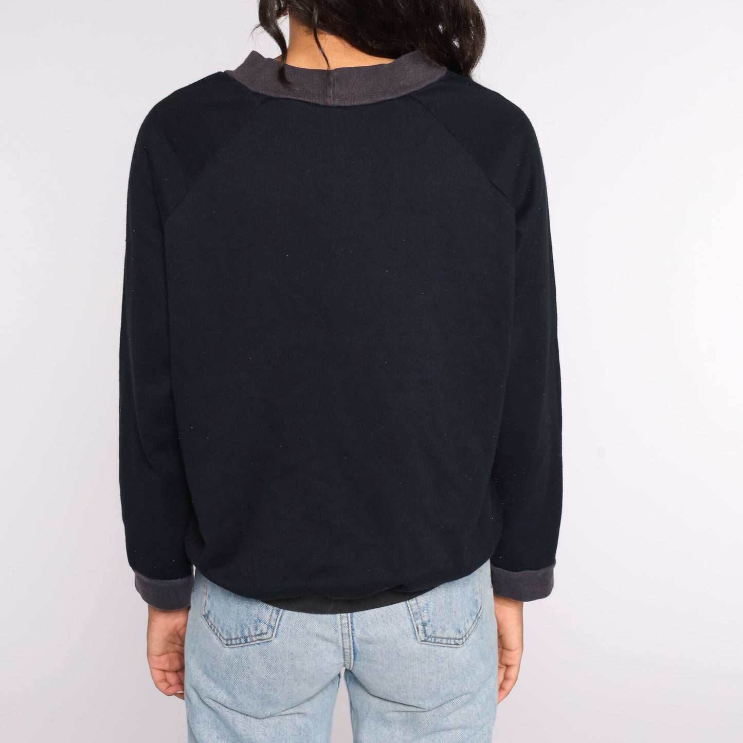80s Black Crewneck Sweatshirt Grey Trim Long Sleeve Medium