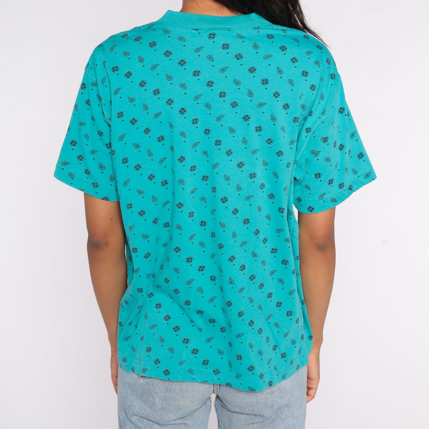 80s Turquoise Paisley Henley Button-Up Shirt Short Sleeve Large