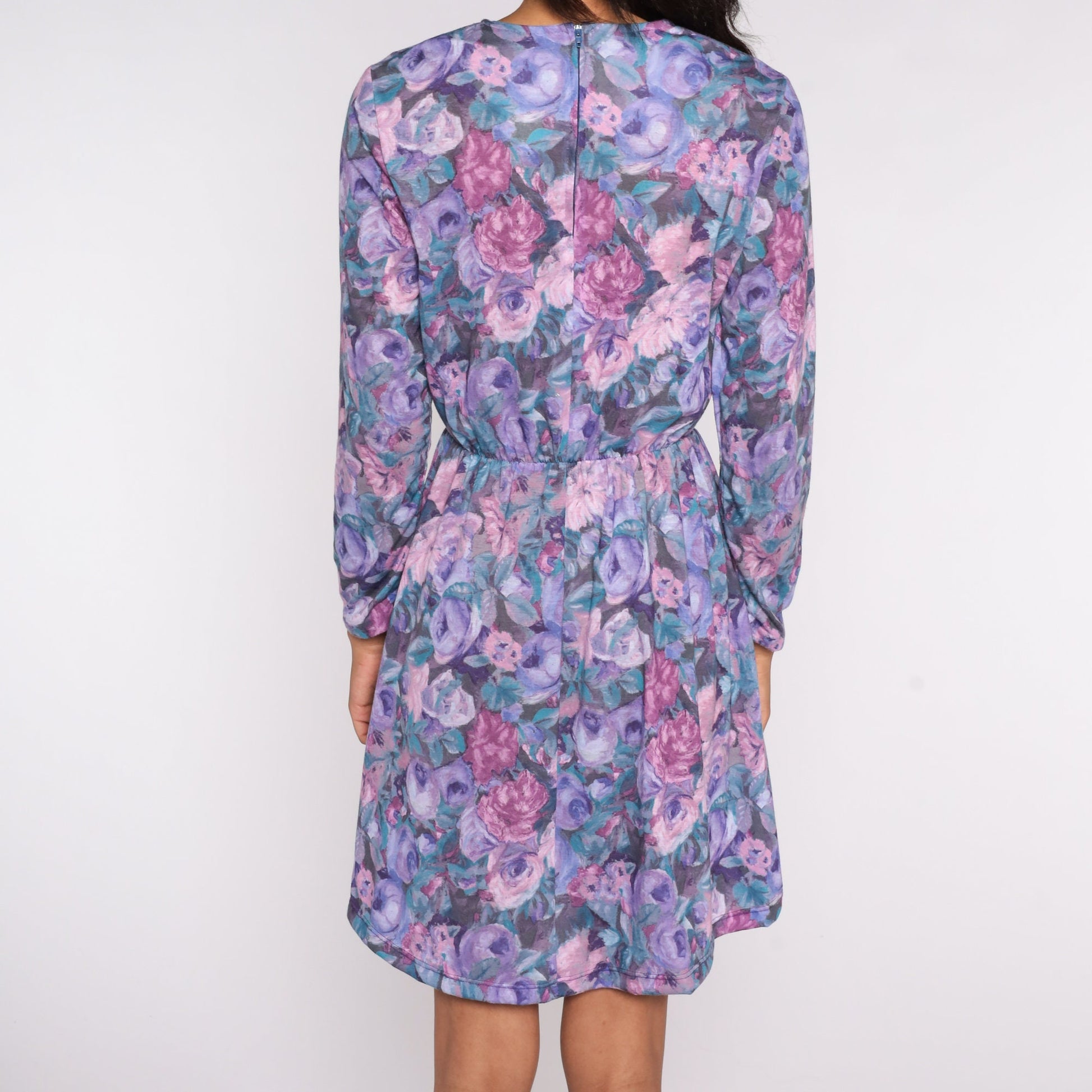 80s Floral Mini Dress Purple Pink V-Neck High Waisted Long Sleeve Small
