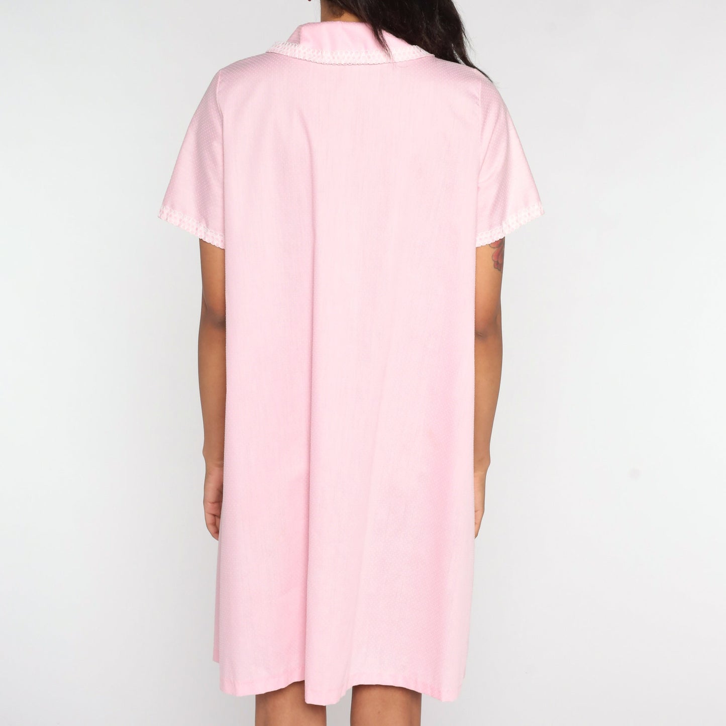 60s Floral Embroidered Shift Dress Baby Pink Button Front Mini Medium Large