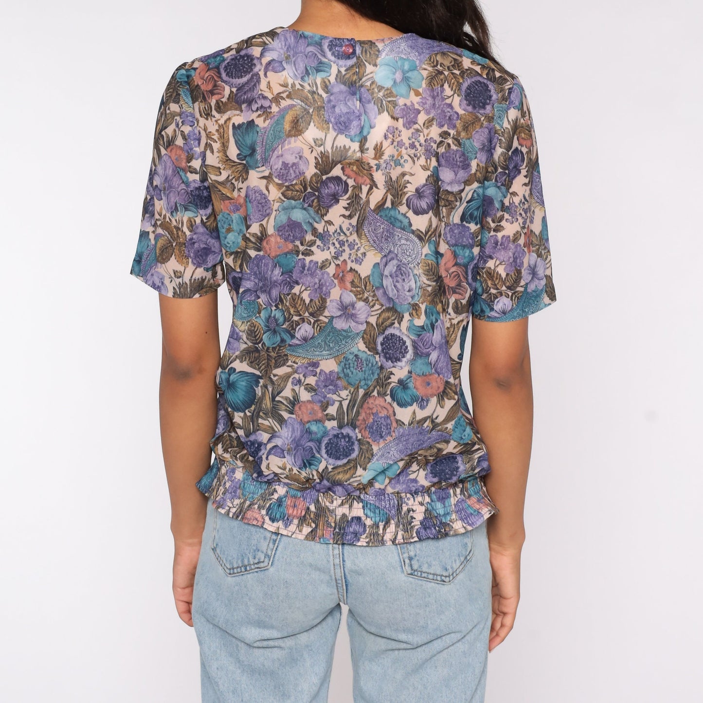 80s Purple Floral Print Blouse Short Sleeve Shirt Medium