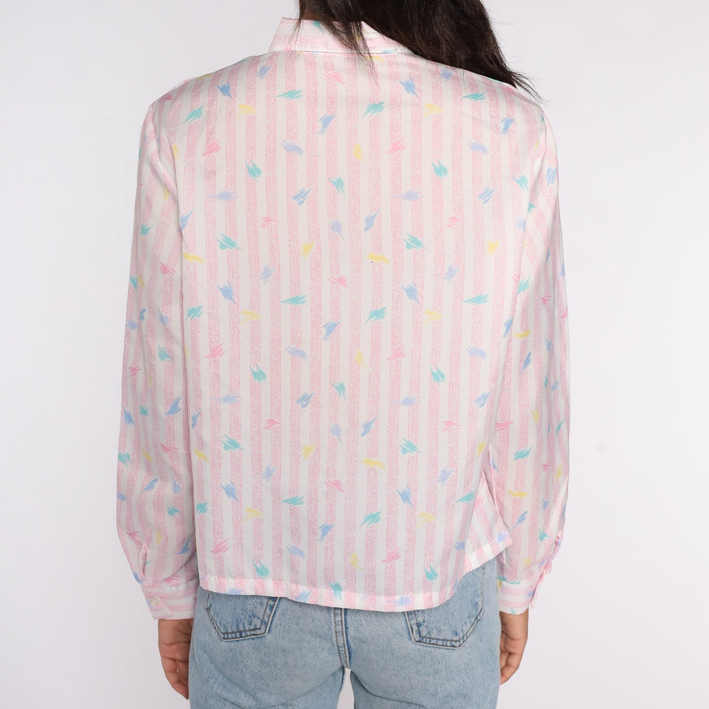 80s Pink Striped Brushstroke Button-Up Shirt Long Sleeve Collar Medium