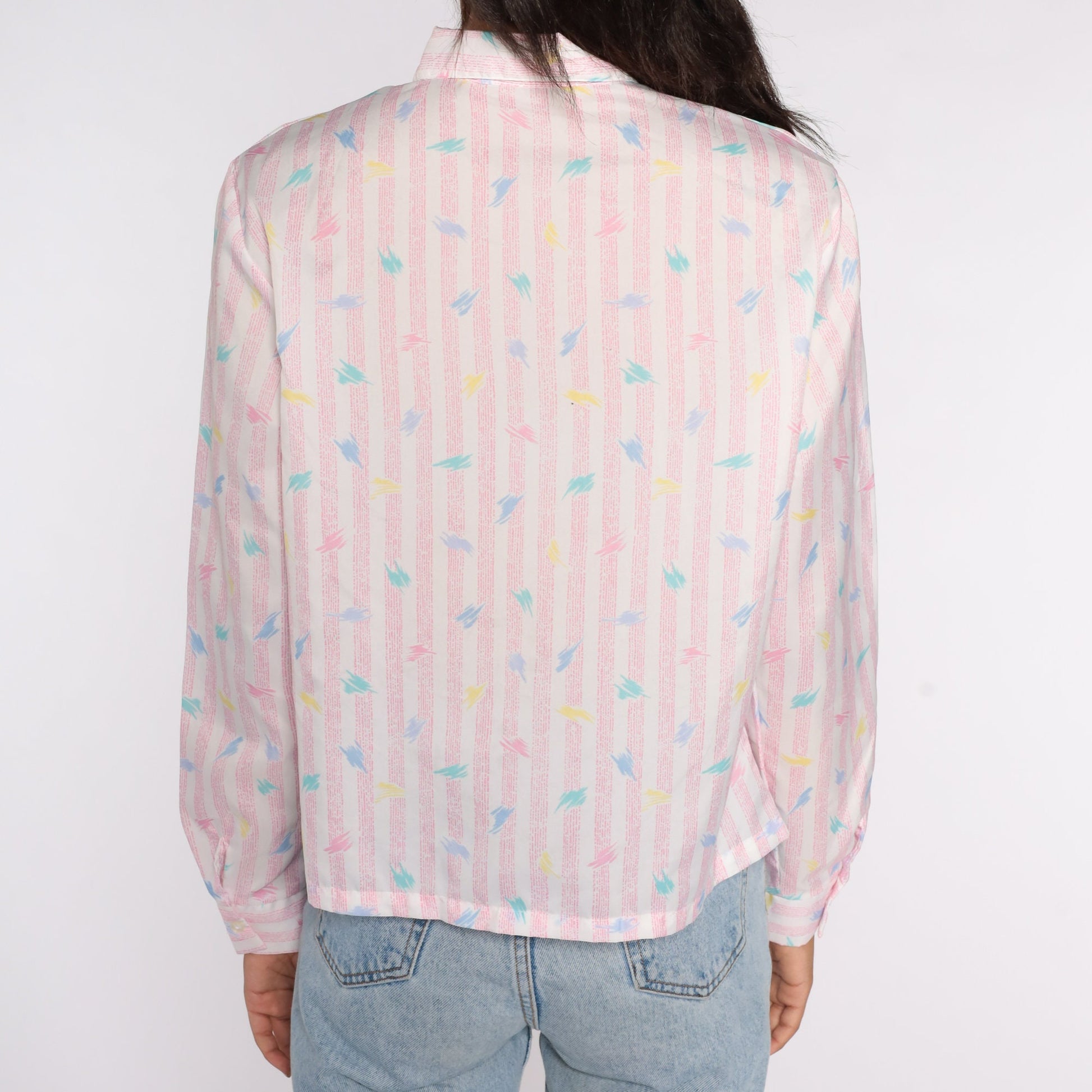 80s Pink Striped Brushstroke Button-Up Shirt Long Sleeve Collar Medium