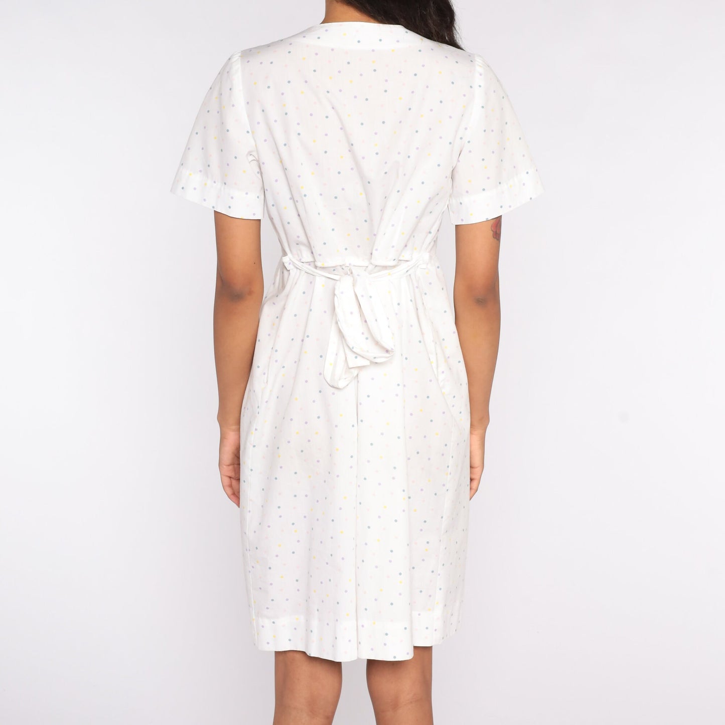 80s White Polka Dot Wrap Mini Dress V-Neck Short Sleeve Medium