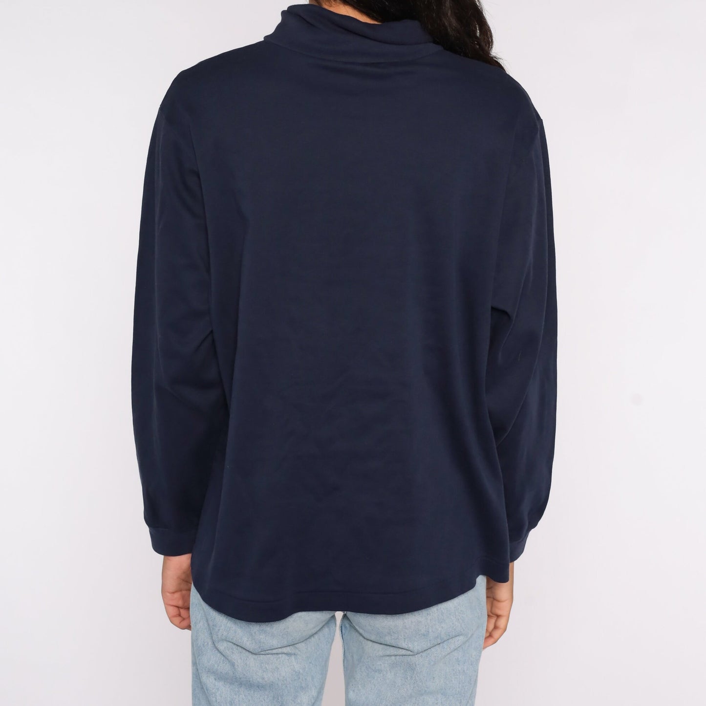 80s Navy Mock Neck Long Sleeve Shirt Cotton Top Extra Large XL