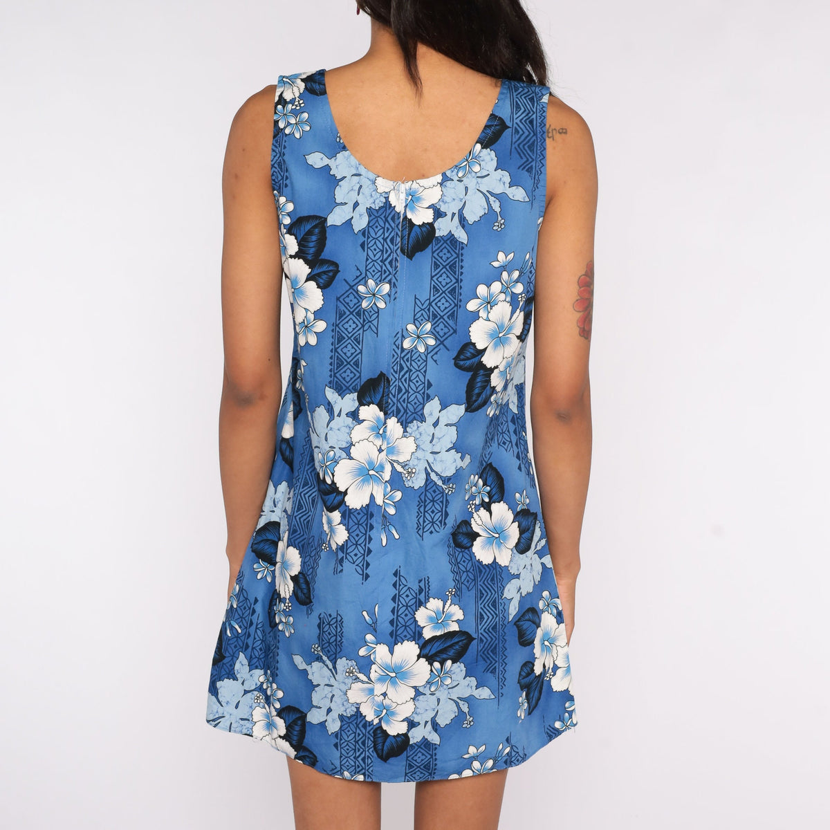 90s Hawaiian Floral Mini Sundress Blue Sleeveless Sheath Small