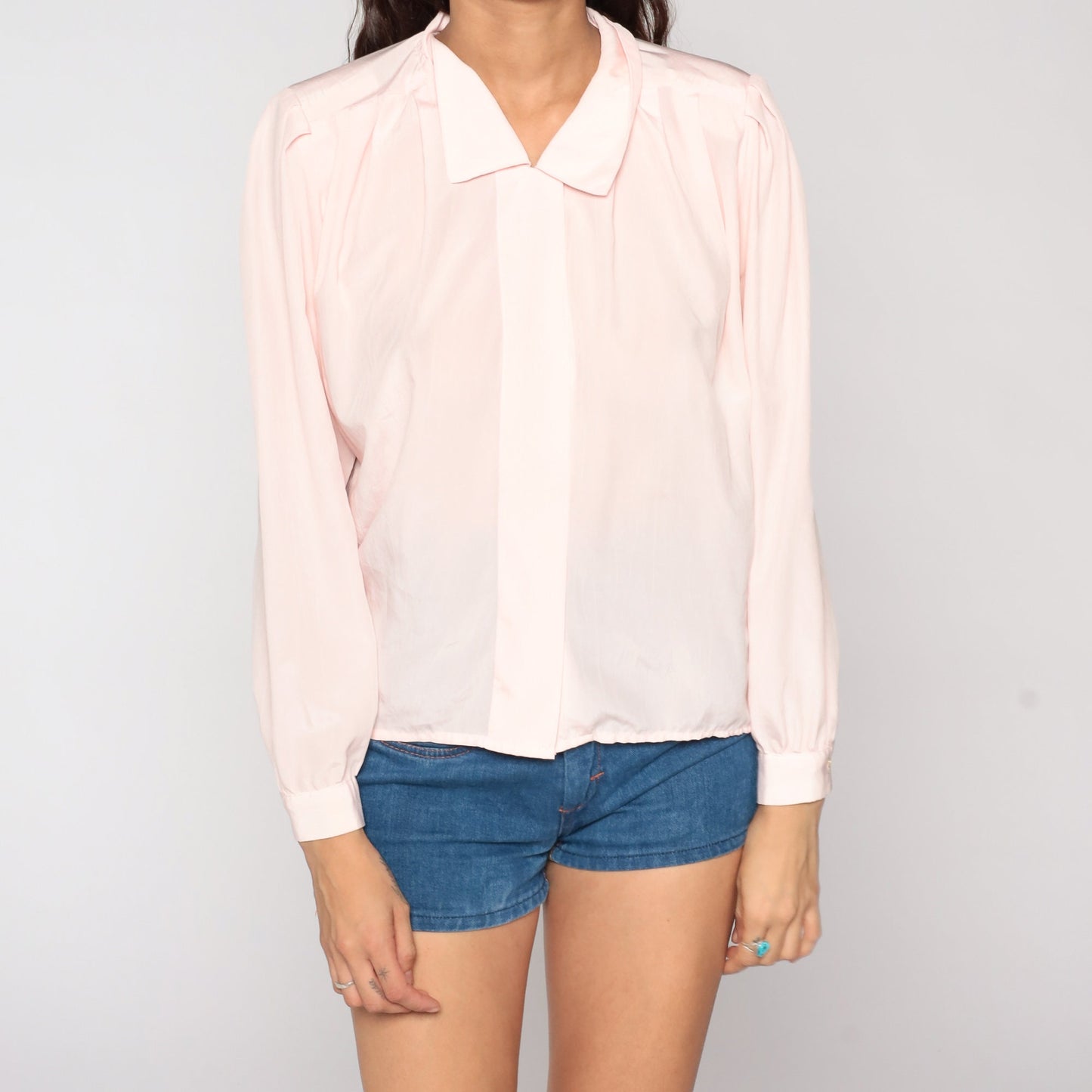80s Baby Pink Puff Sleeve Button-Up Blouse Collar Shirt Medium