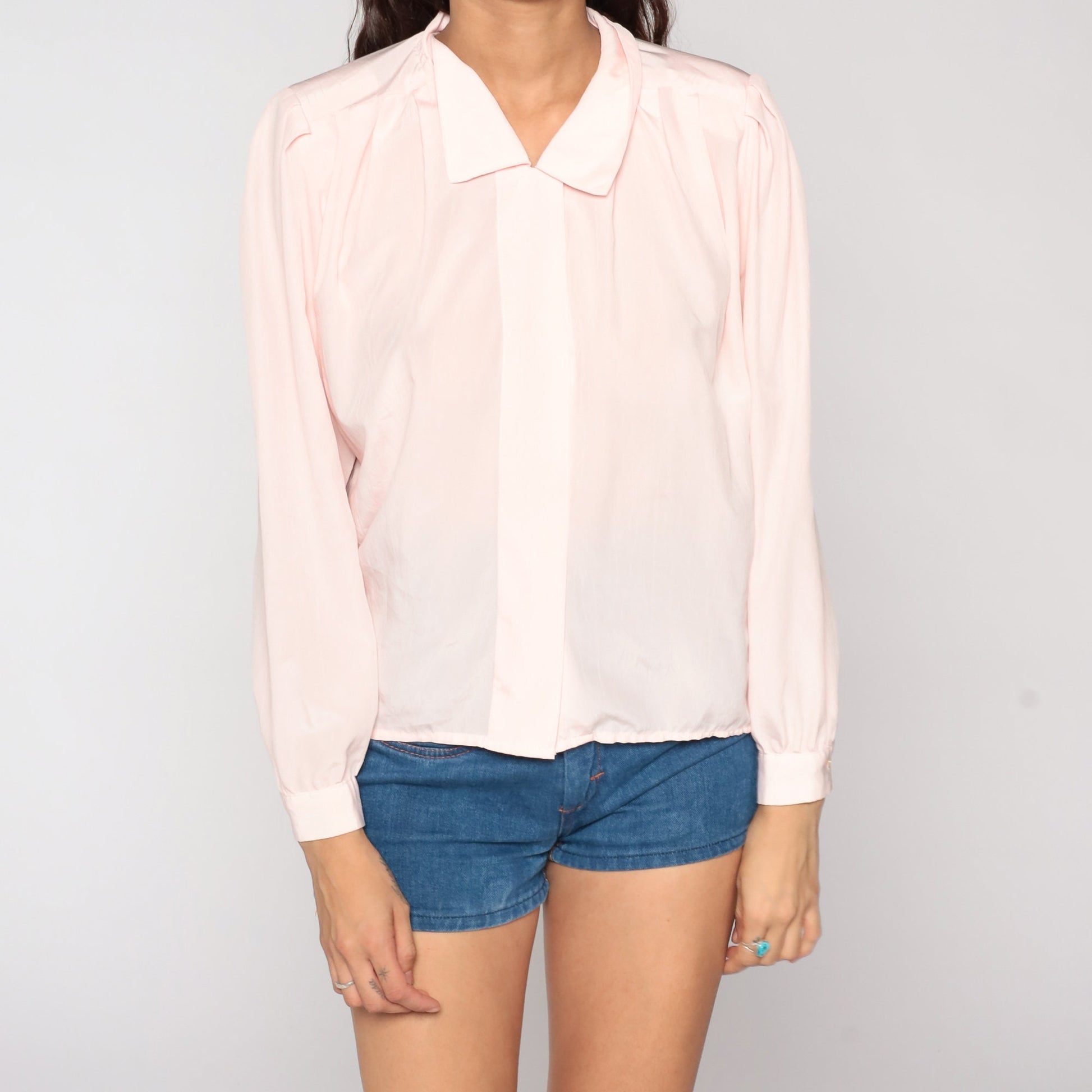 80s Baby Pink Puff Sleeve Button-Up Blouse Collar Shirt Medium
