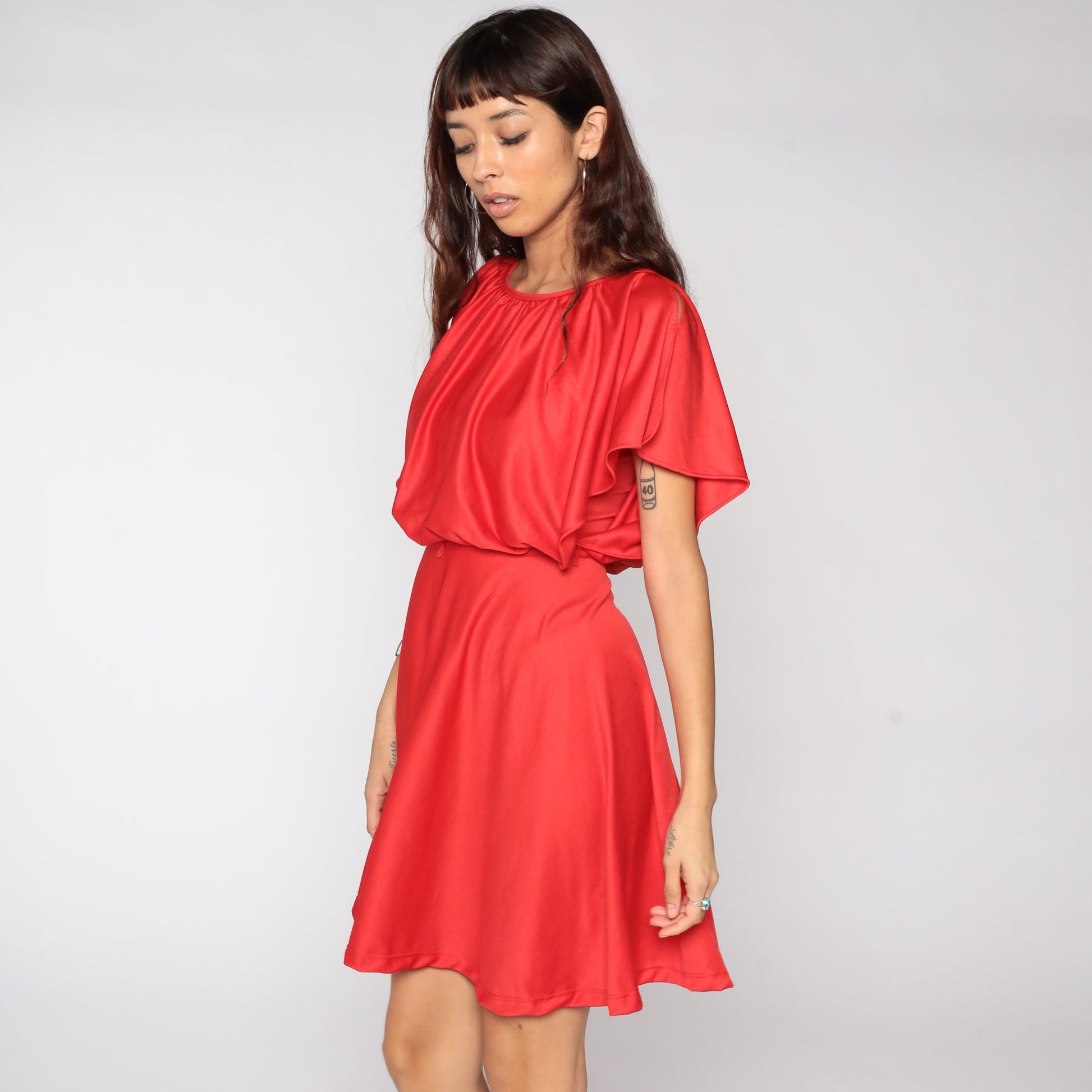70s Red Grecian Mini Dress High Waist Flutter Sleeve Capelet Small