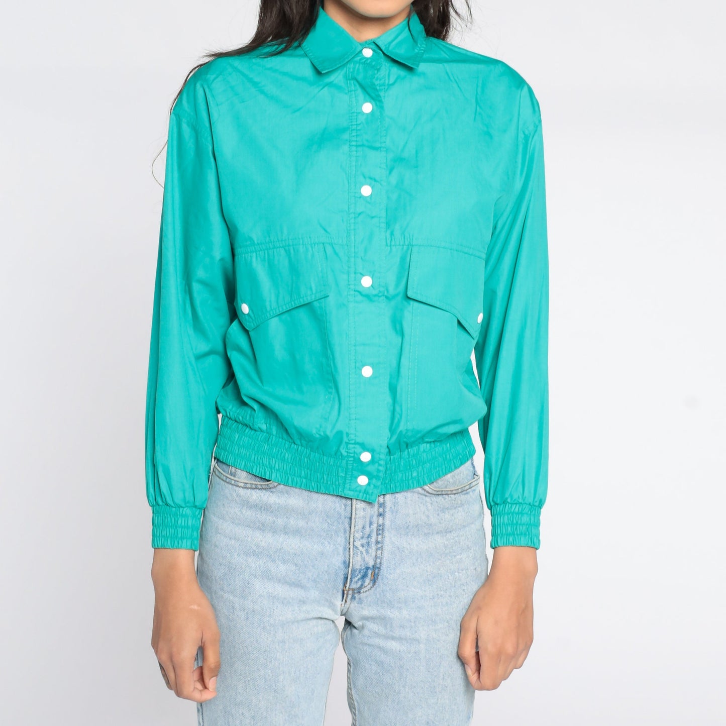 80s Turquoise Bomber Jacket Button-Up Windbreaker Small S