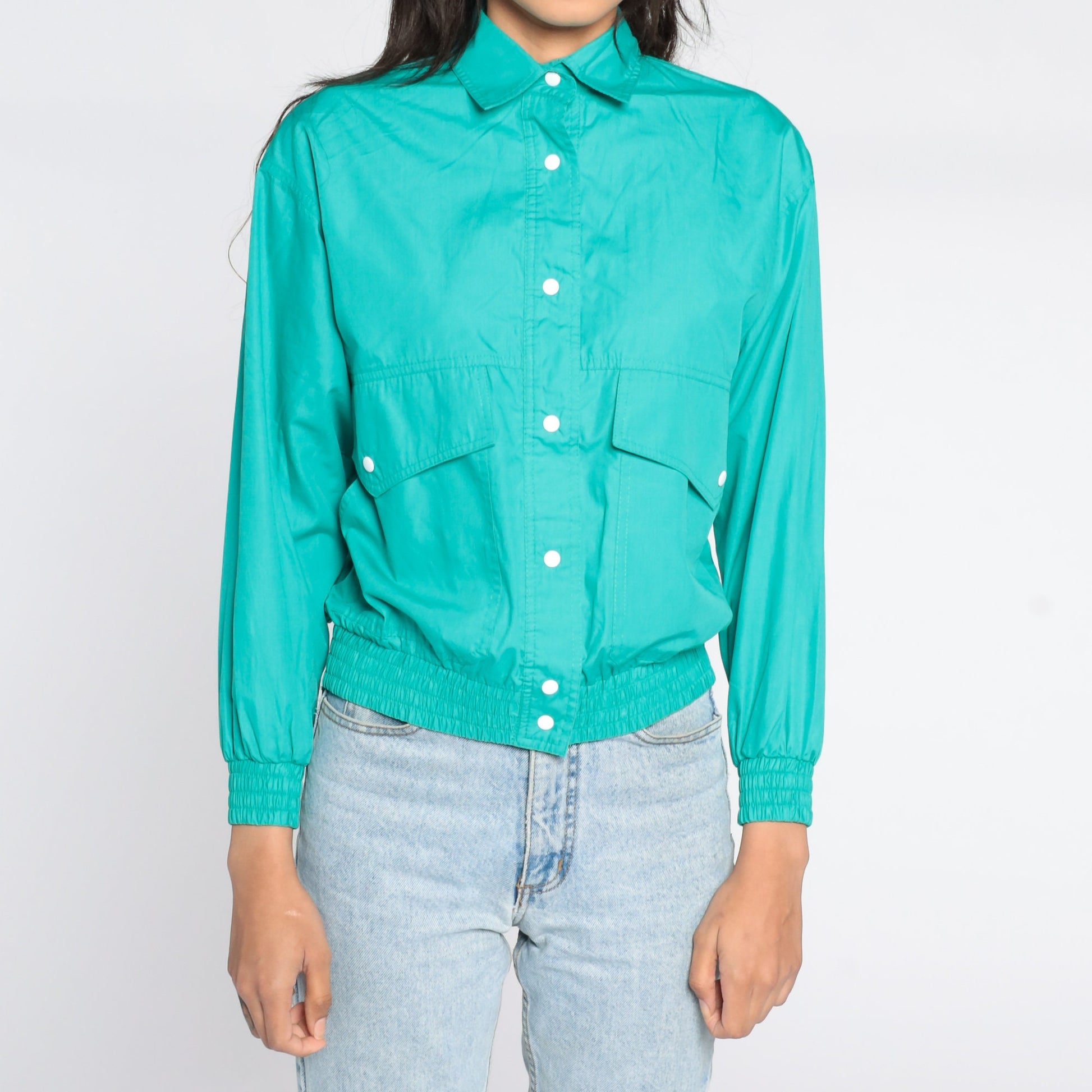 80s Turquoise Bomber Jacket Button-Up Windbreaker Small S