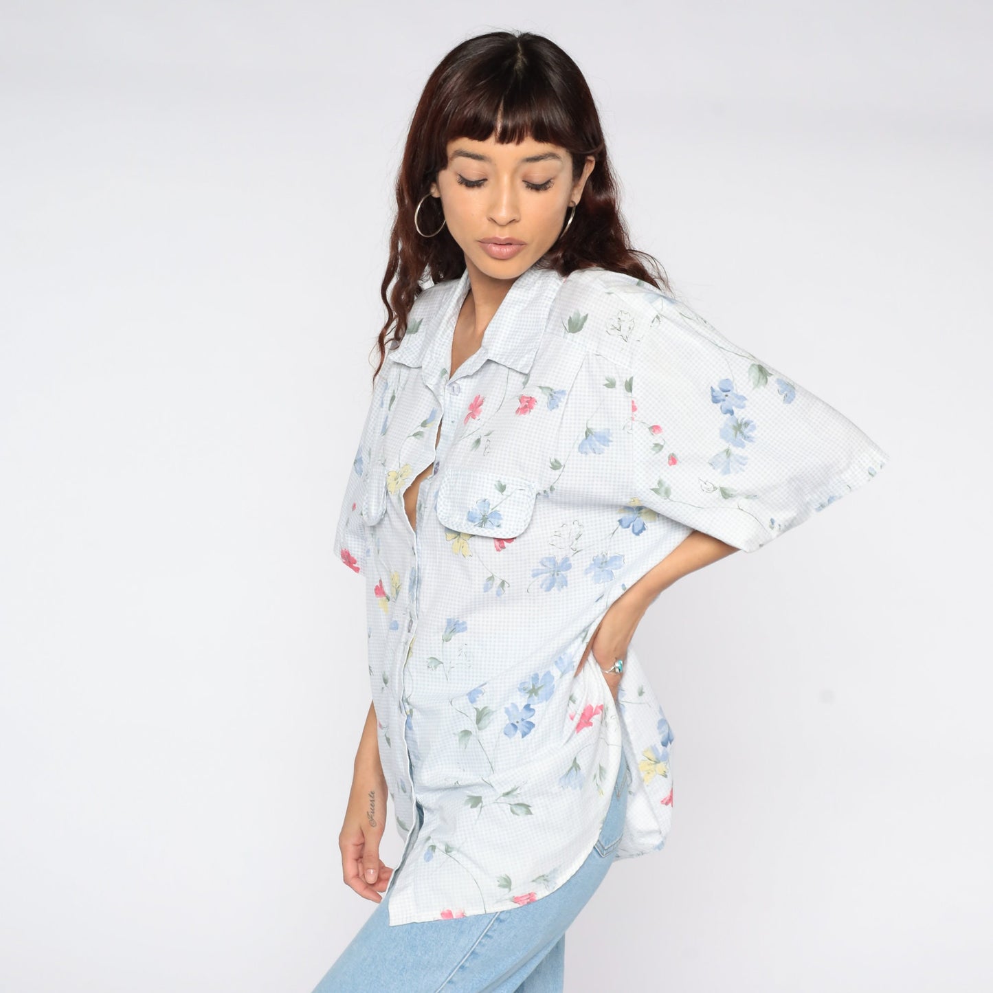 90s Floral Button-Up Blouse Blue Gingham Short Sleeve Shirt Plus Size 20W