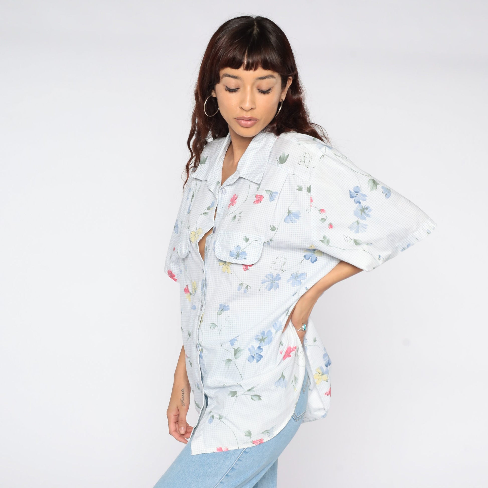 90s Floral Button-Up Blouse Blue Gingham Short Sleeve Shirt Plus Size 20W