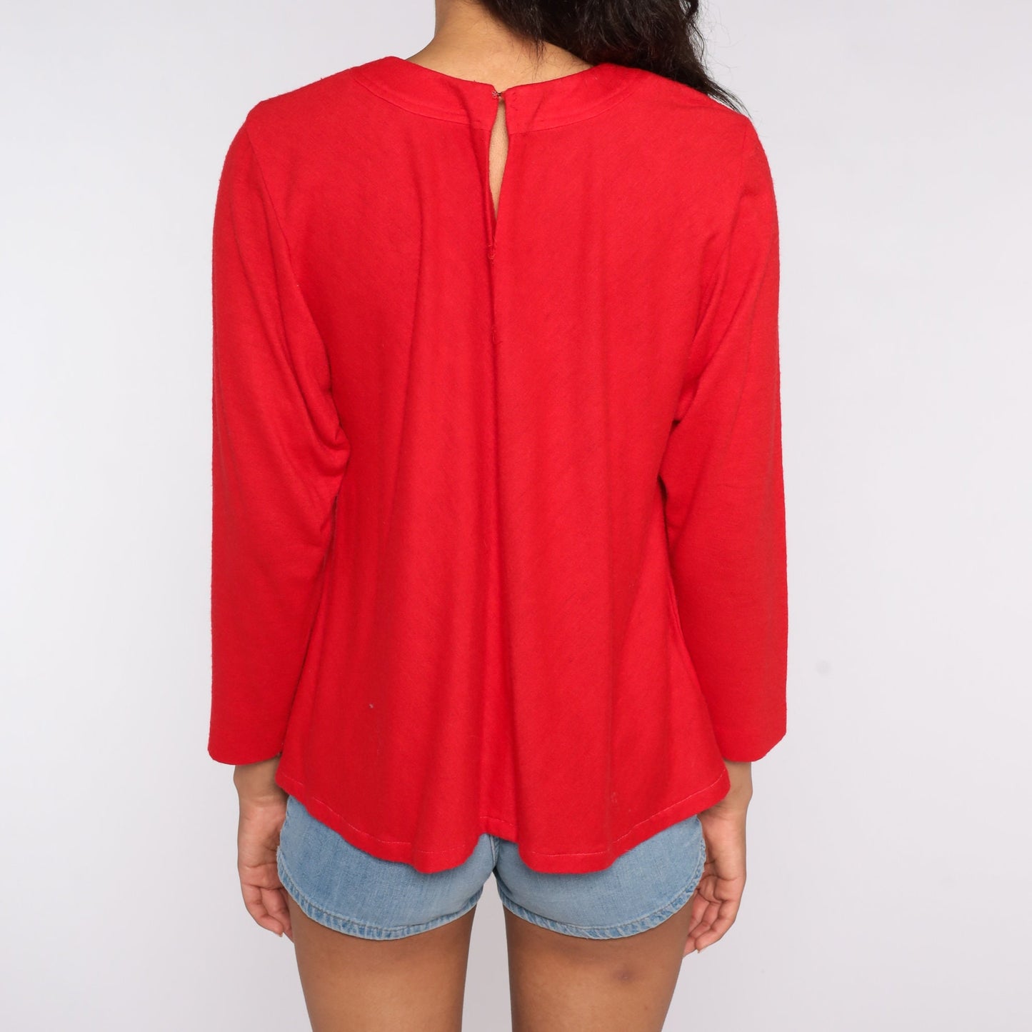 70s Red Trapeze Shirt Long Sleeve Blouse Medium