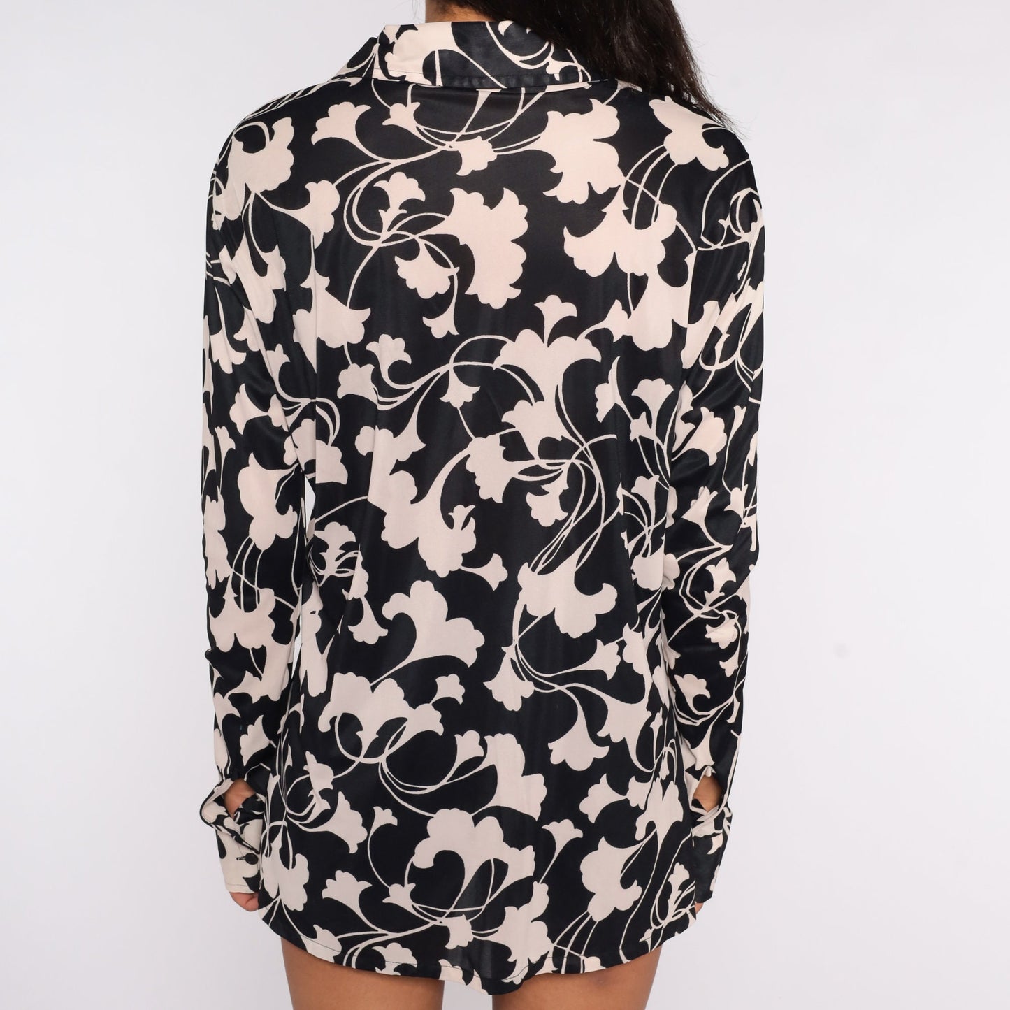 70s Floral Button-Up Shirt Dagger Collar Black Beige Long Sleeve Medium