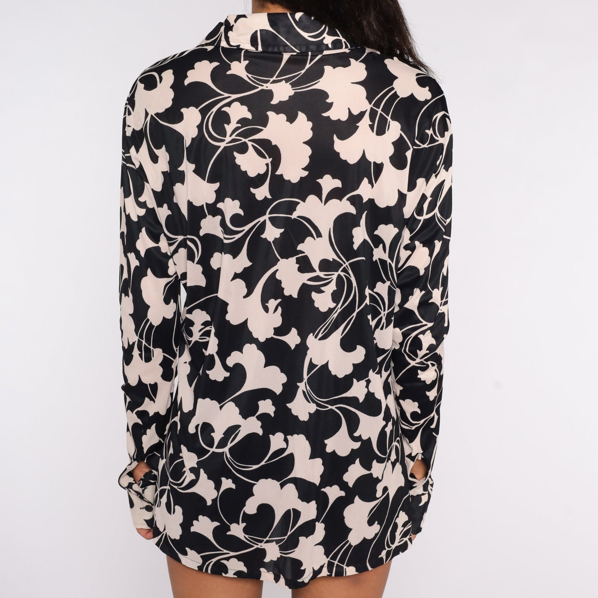 70s Floral Button-Up Shirt Dagger Collar Black Beige Long Sleeve Medium