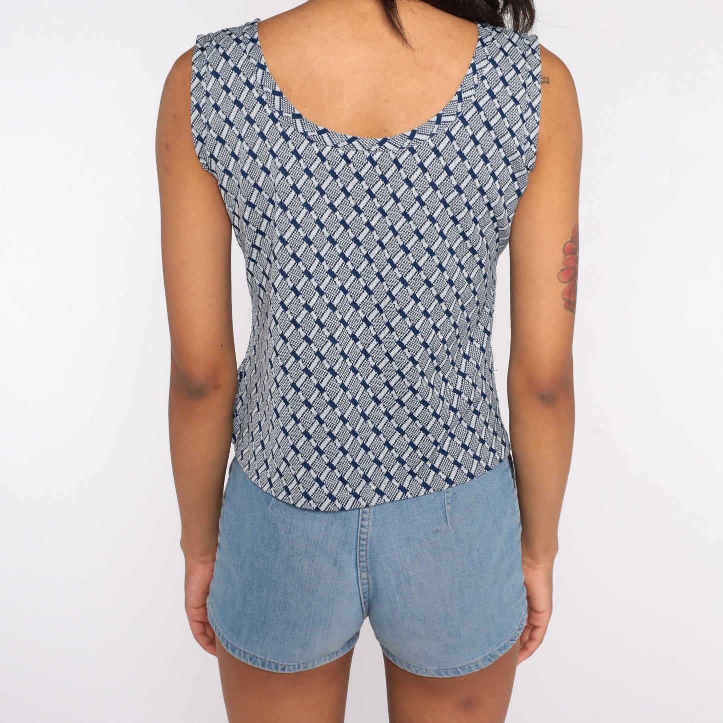 70s Geometric Tank Top Blue Checkered Sleeveless Blouse Small