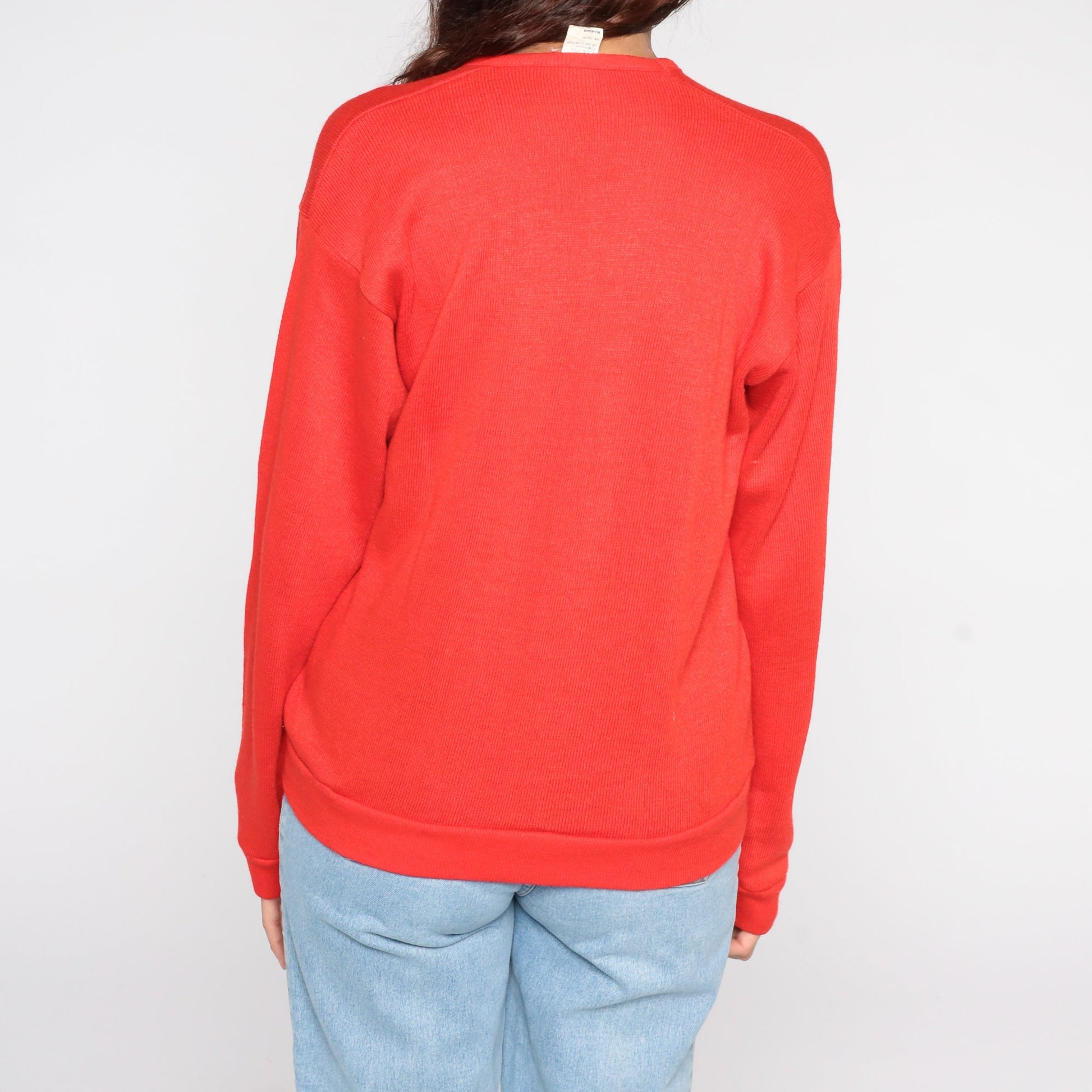 80s Red V-Neck Knit Sweater Slouchy Pullover Medium