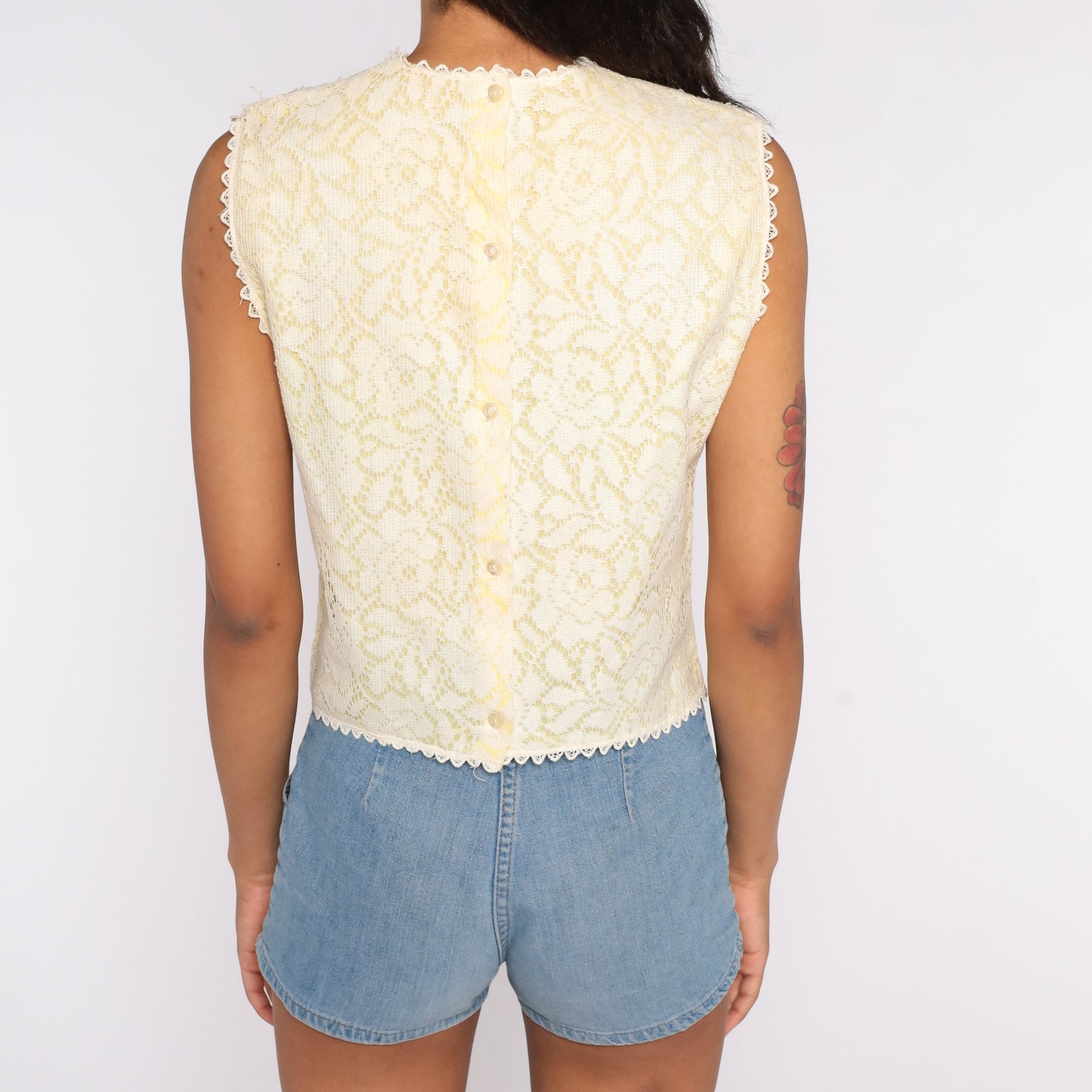 60s Cream Lace Crop Top Sleeveless Blouse Small