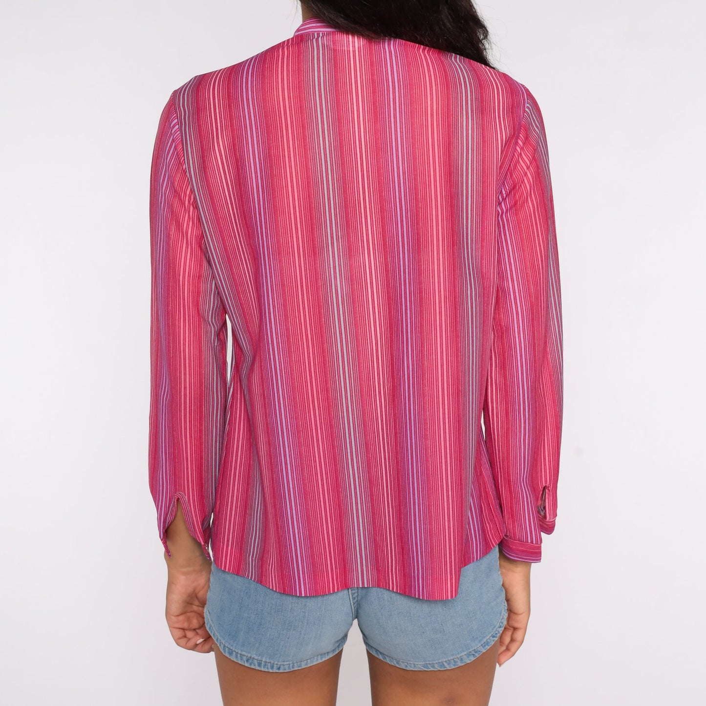 80s Striped Ascot Blouse Pink Long Sleeve Button Up Small Medium