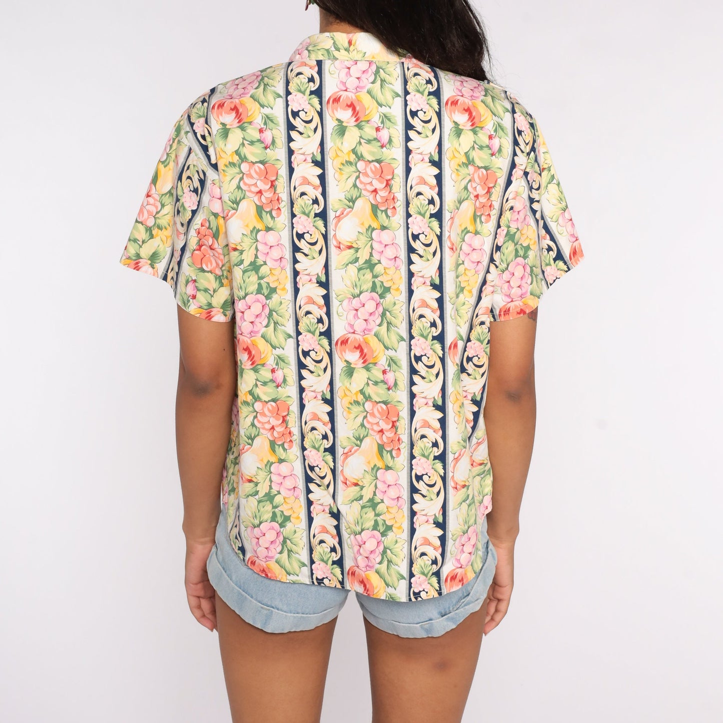 90s Fruit Print Button Up Shirt Grape Berry Short Sleeve Cotton Large