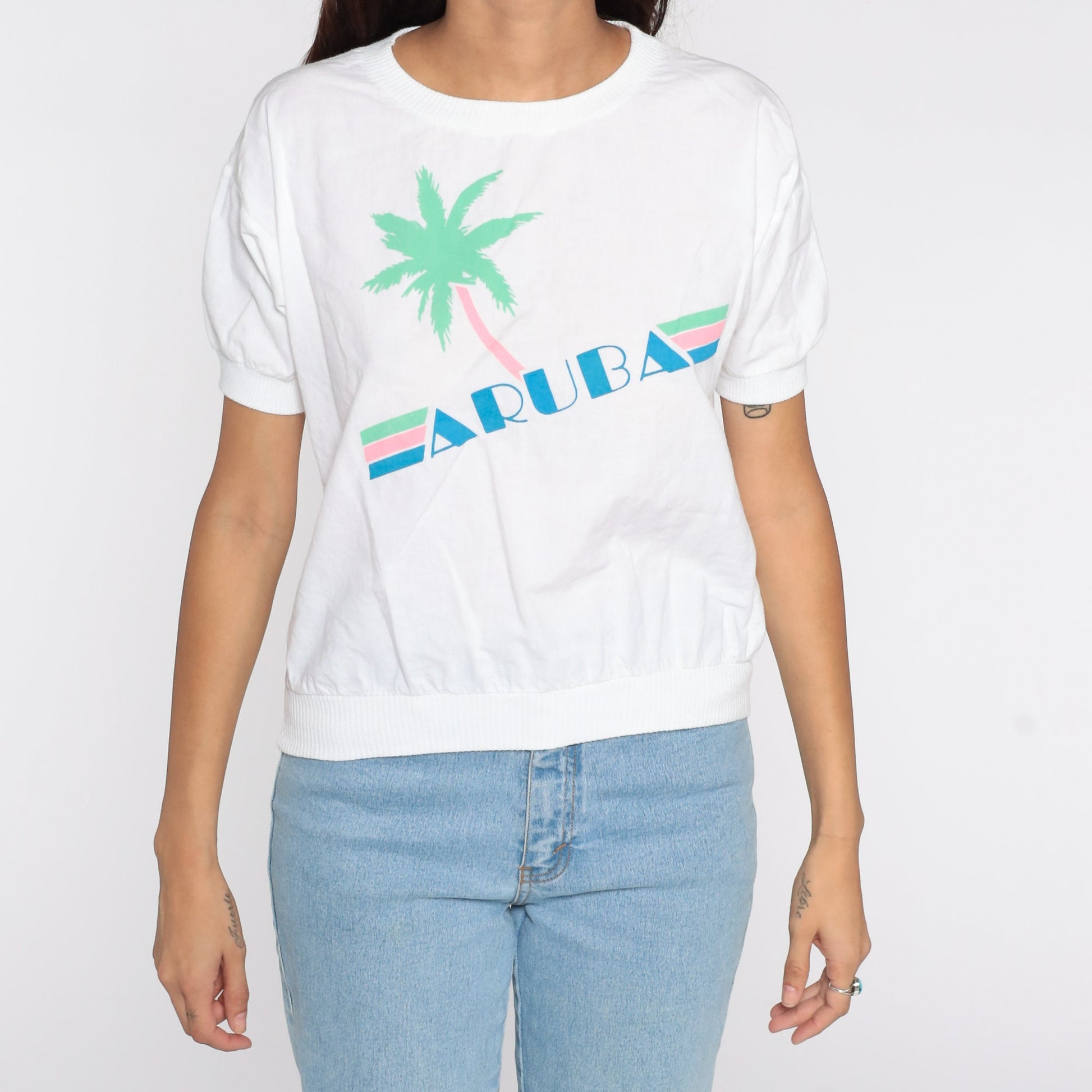 80s Aruba Palm Tree Graphic T-Shirt White Neon Small