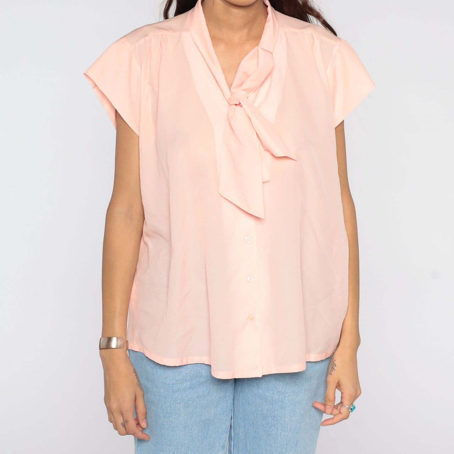 80s Baby Pink Ascot Blouse Short Sleeve Button Up Secretary Top Large L