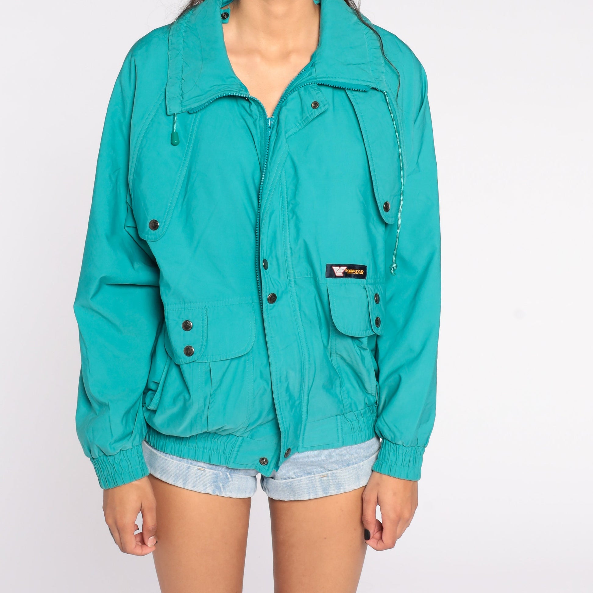 80s Turquoise Down Ski Jacket Nylon Puffer Coat Large