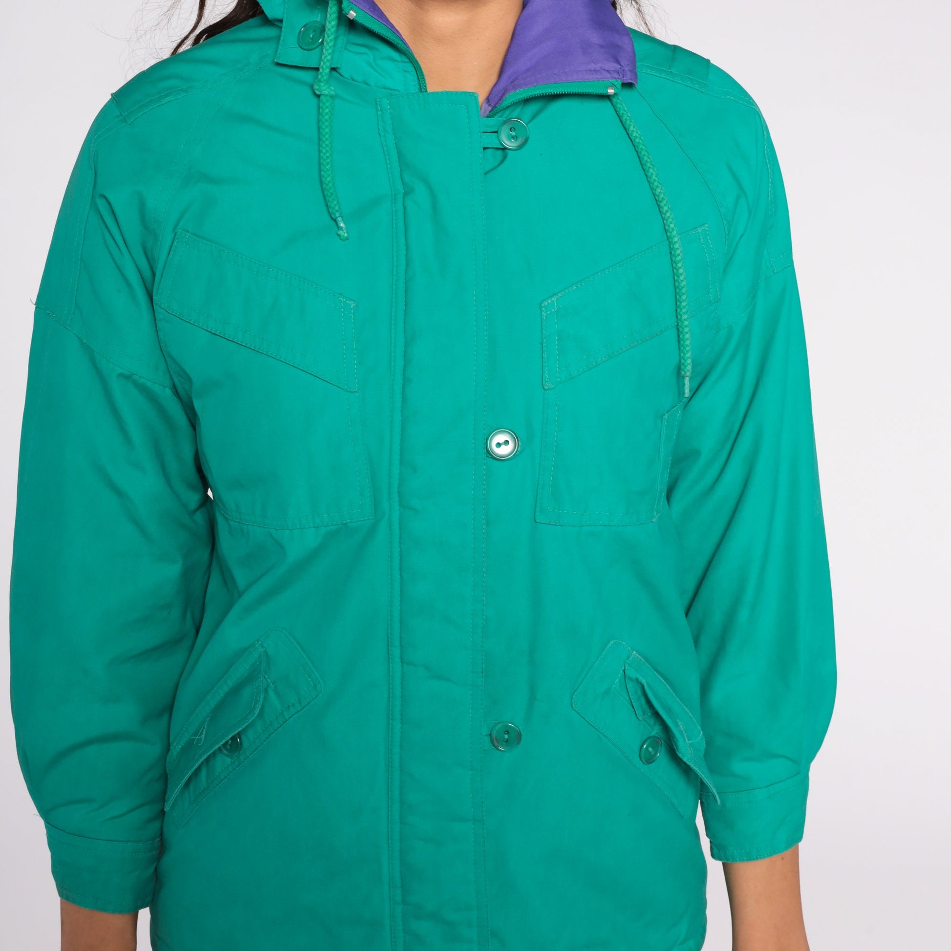 80s Green Zip-Up Jacket Cotton Blend Medium Petite