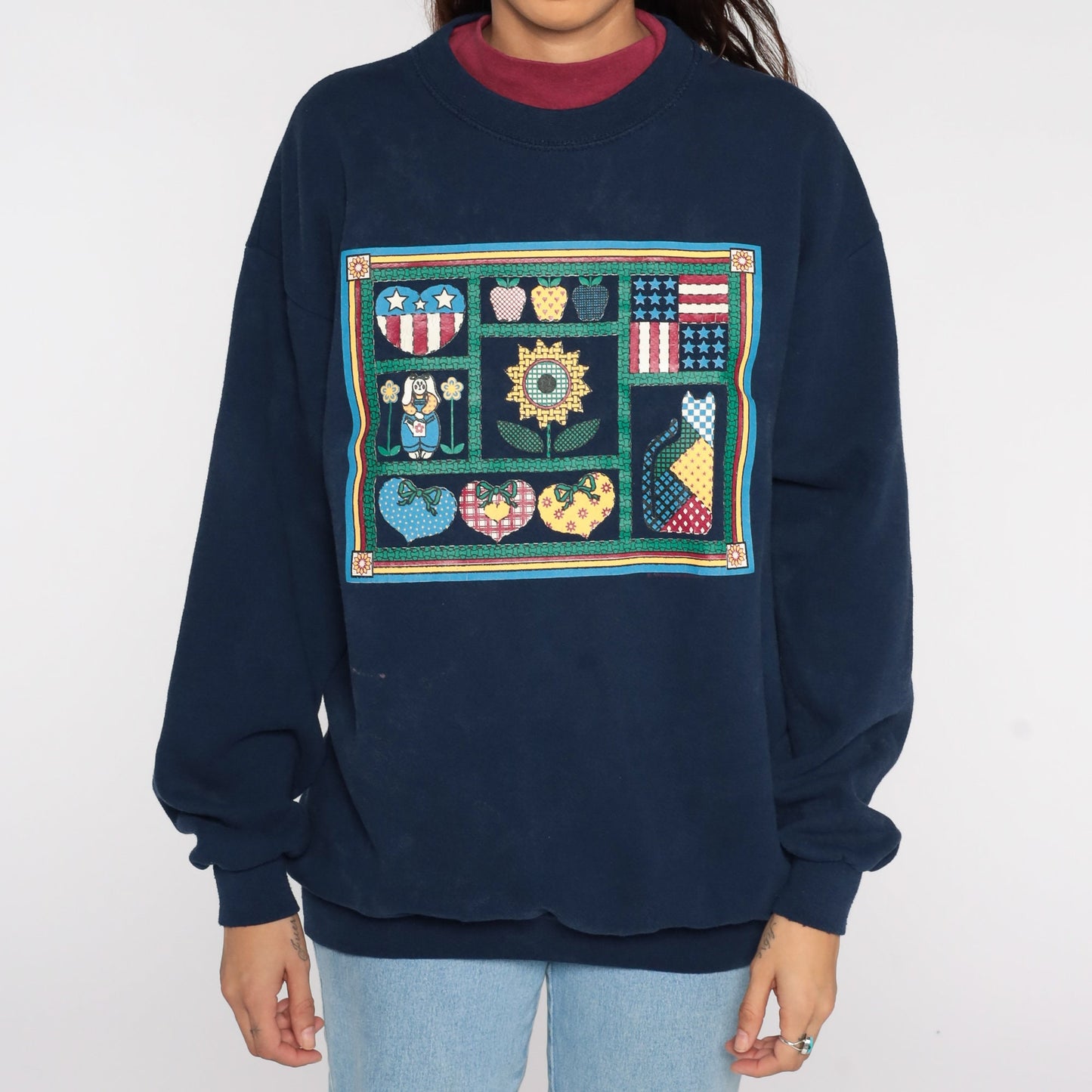 80s Country Cat Sunflower Navy Sweatshirt Graphic Animal Crewneck Large L