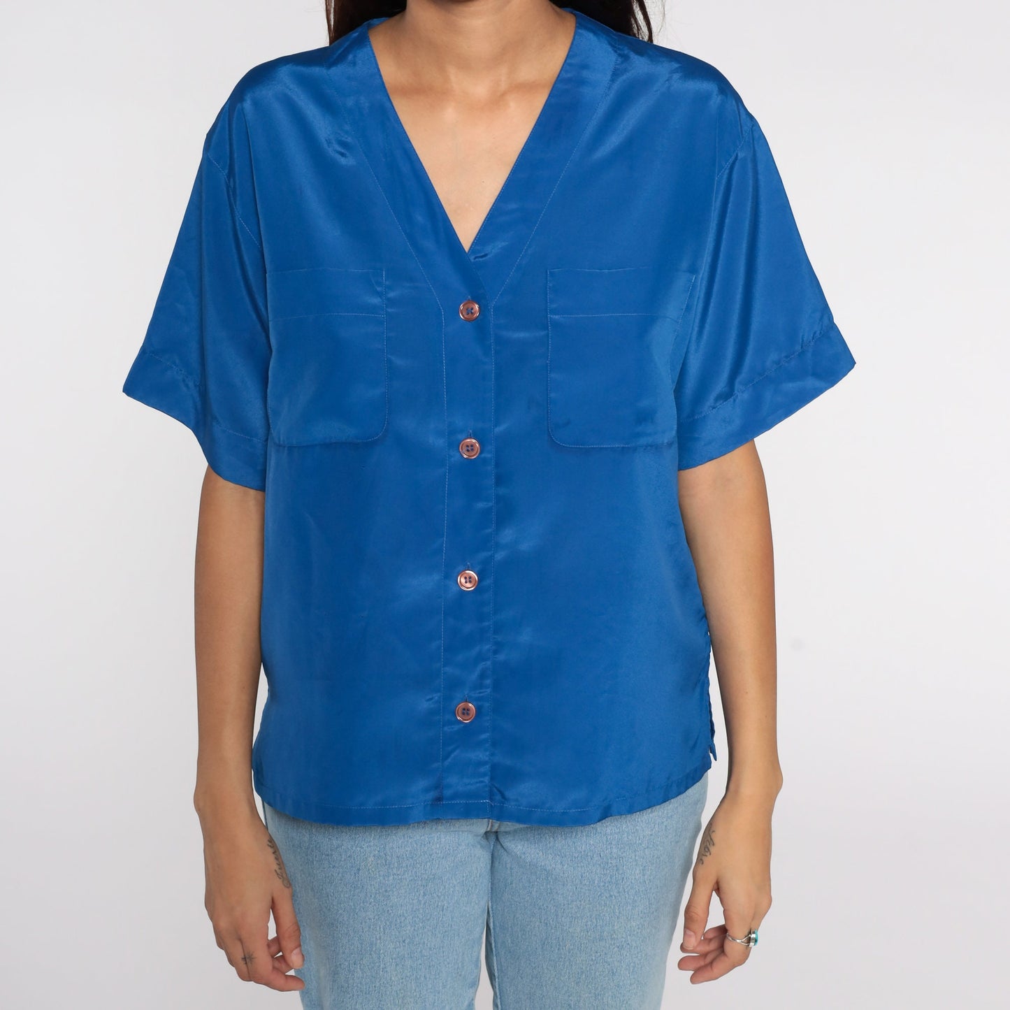 80s Royal Blue Button-Up Shirt Short Sleeve Blouse Medium
