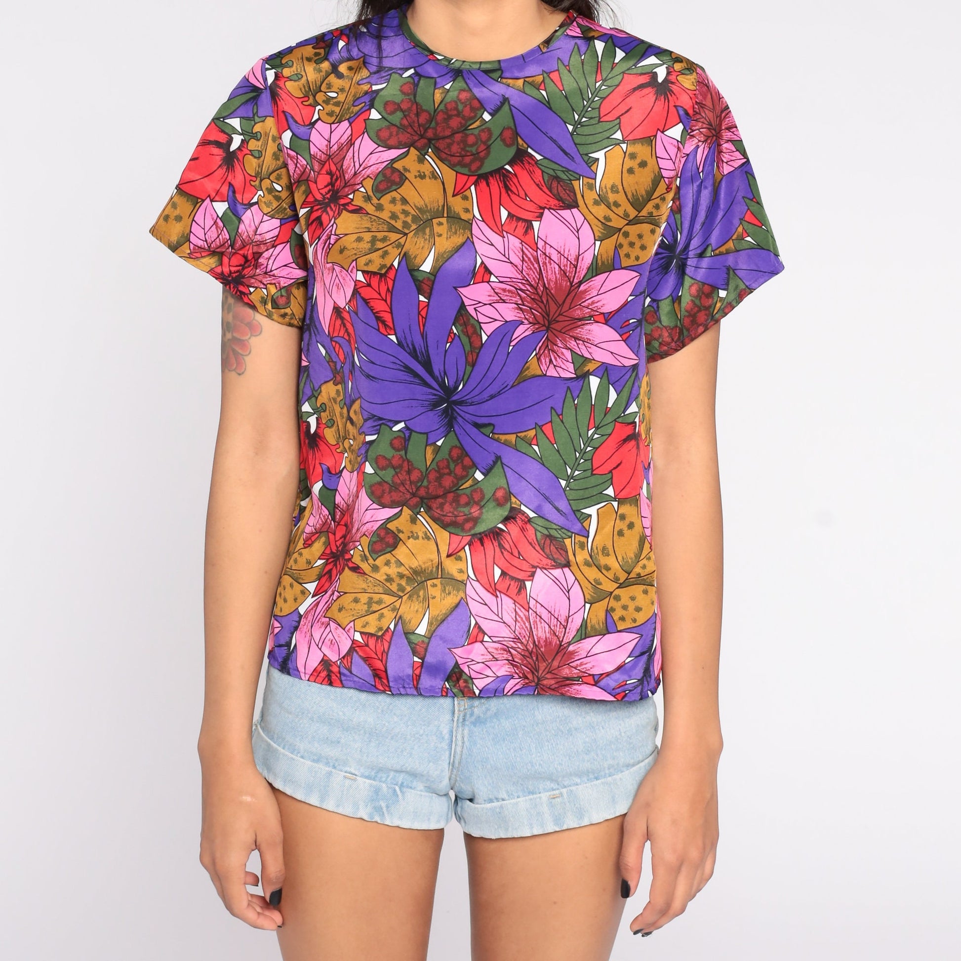 80s Purple Floral Shirt Keyhole Back Short Sleeve Blouse Small S