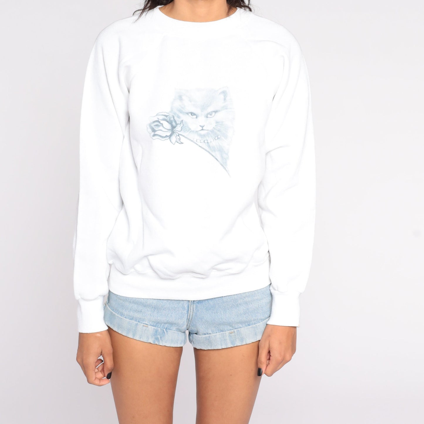 80s Cat Graphic Sweatshirt White Kitten Print Crewneck Medium