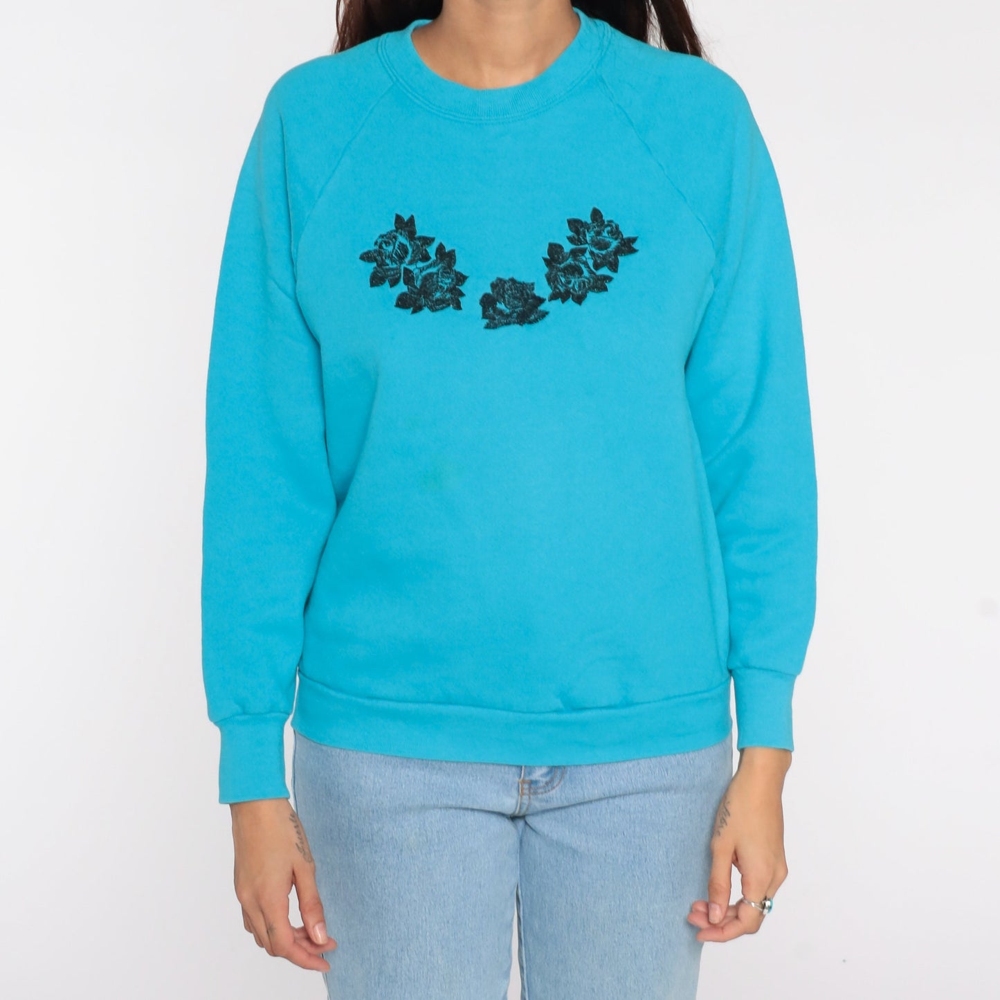 80s Floral Raglan Sweatshirt Blue Graphic Crewneck Small