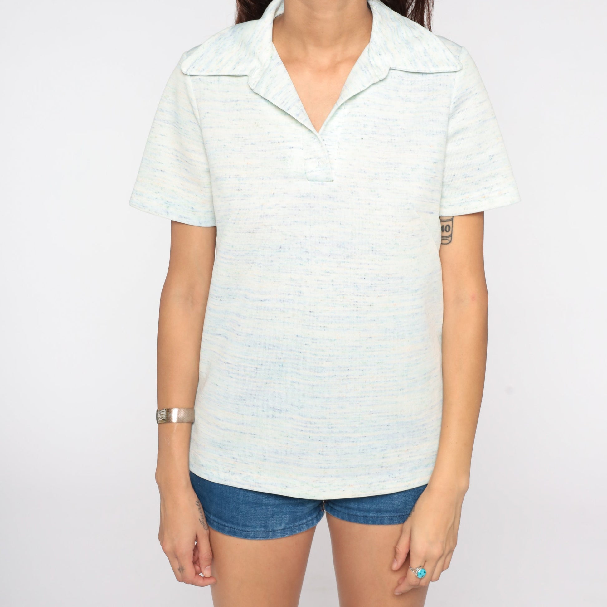 70s Space Dye Striped Polo Shirt Dagger Collar Button Up White Blue Medium