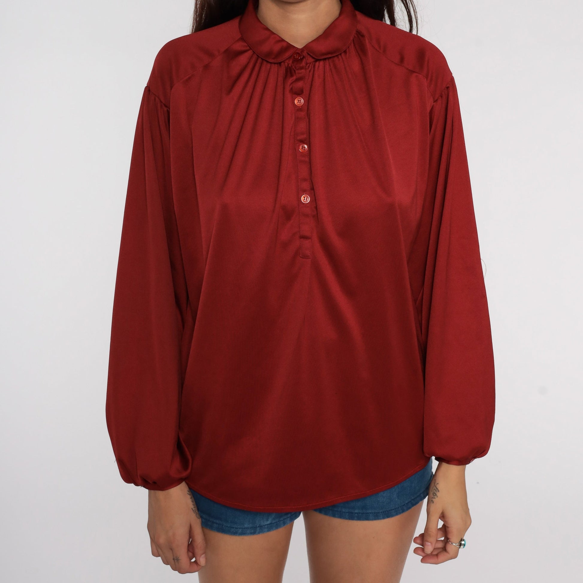 70s Rust Red Silky Blouse Peter Pan Collar Long Sleeve Disco Shirt Large L