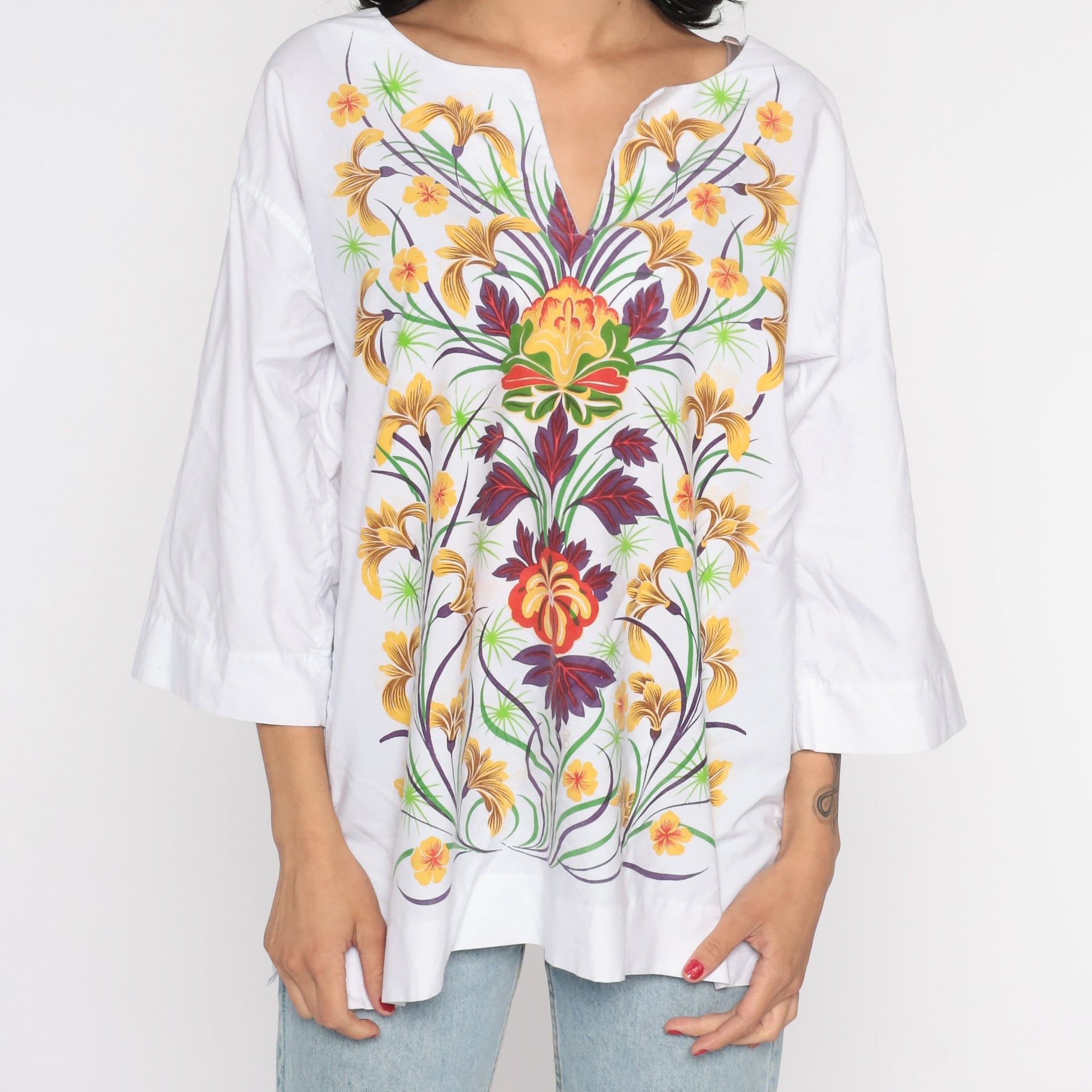 90s White Floral Tunic Blouse Cotton Long Sleeve Top Medium