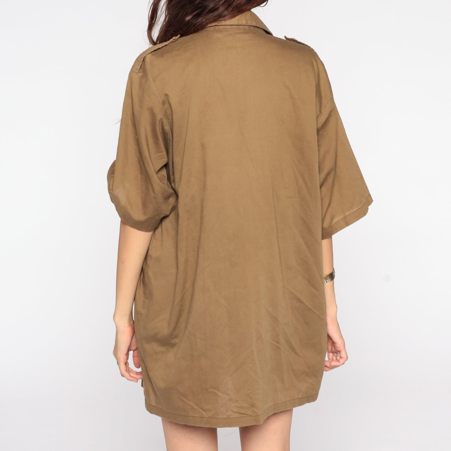 70s Brown Button Up Shirt Epaulette Collar Short Sleeve Men's Extra Large