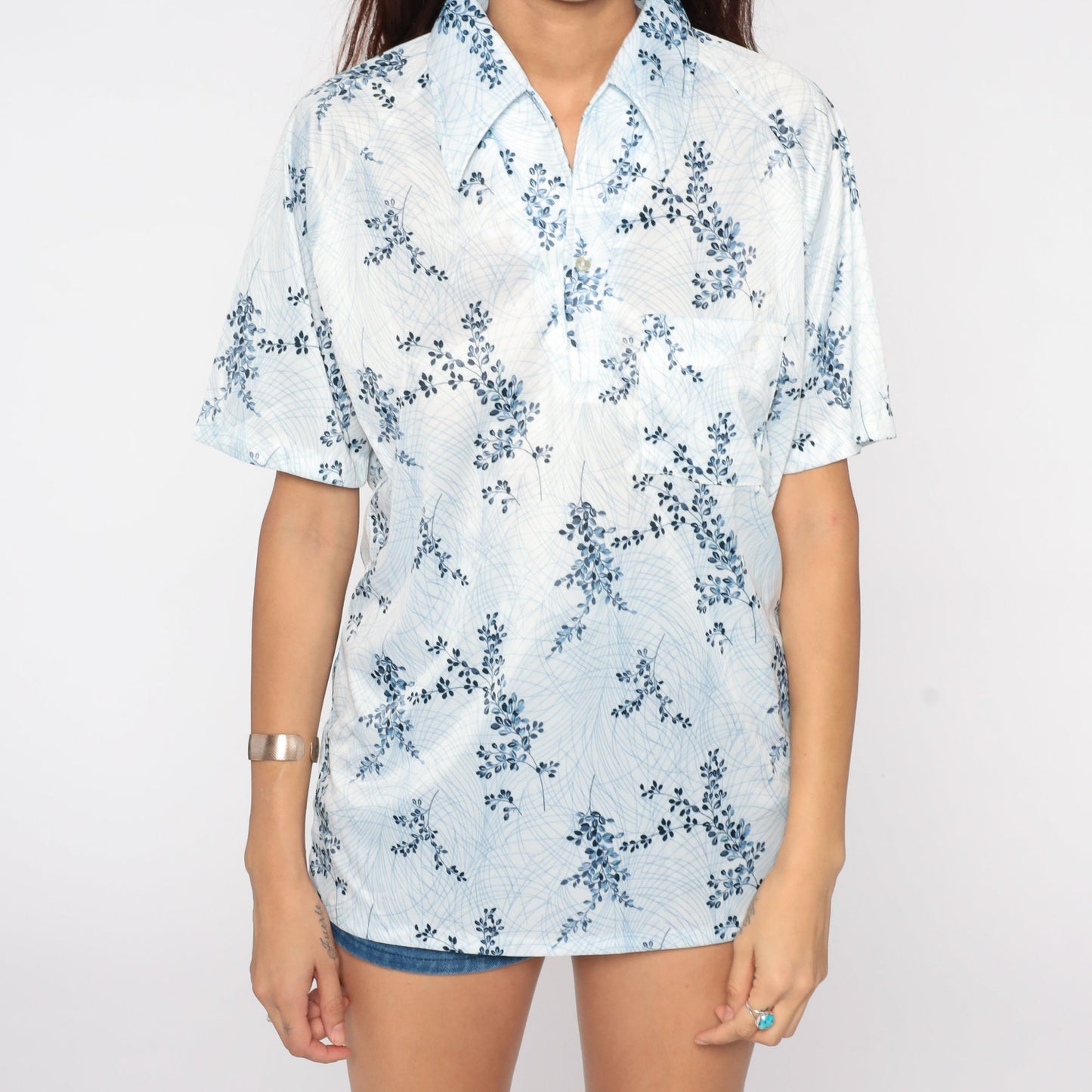 70s Blue Floral Button-Up Shirt Short Sleeve Collar Leaf Print Men's Medium