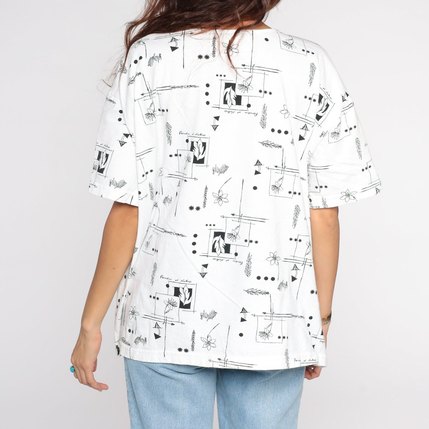 90s Floral Graphic T-Shirt White Black Flower Print Cotton Extra Large XXL