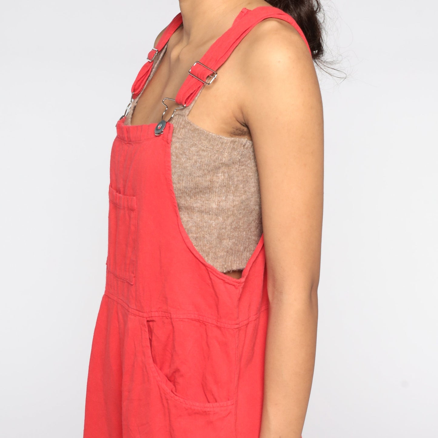 90s Red Cotton Overall Shorts Frayed Cutoff Bib Dungarees Large