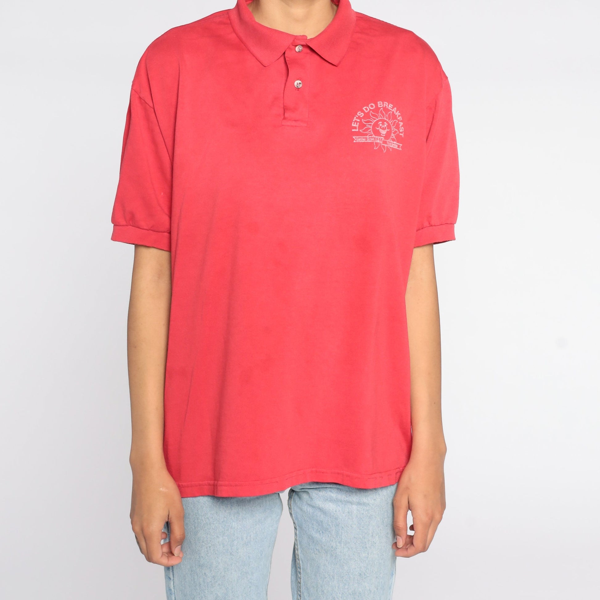 80s Garden Grove USD Food Services Polo Shirt Red Half Button Large