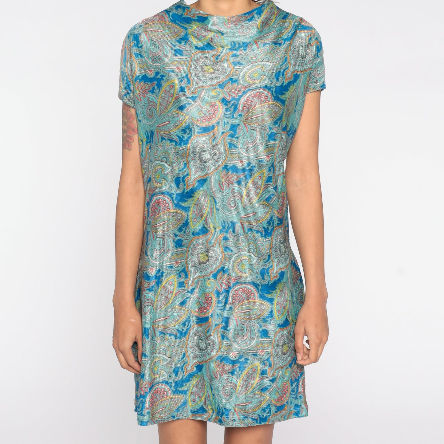 1960s Paisley Psychedelic Mini Shift Dress Blue Cap Sleeve Medium